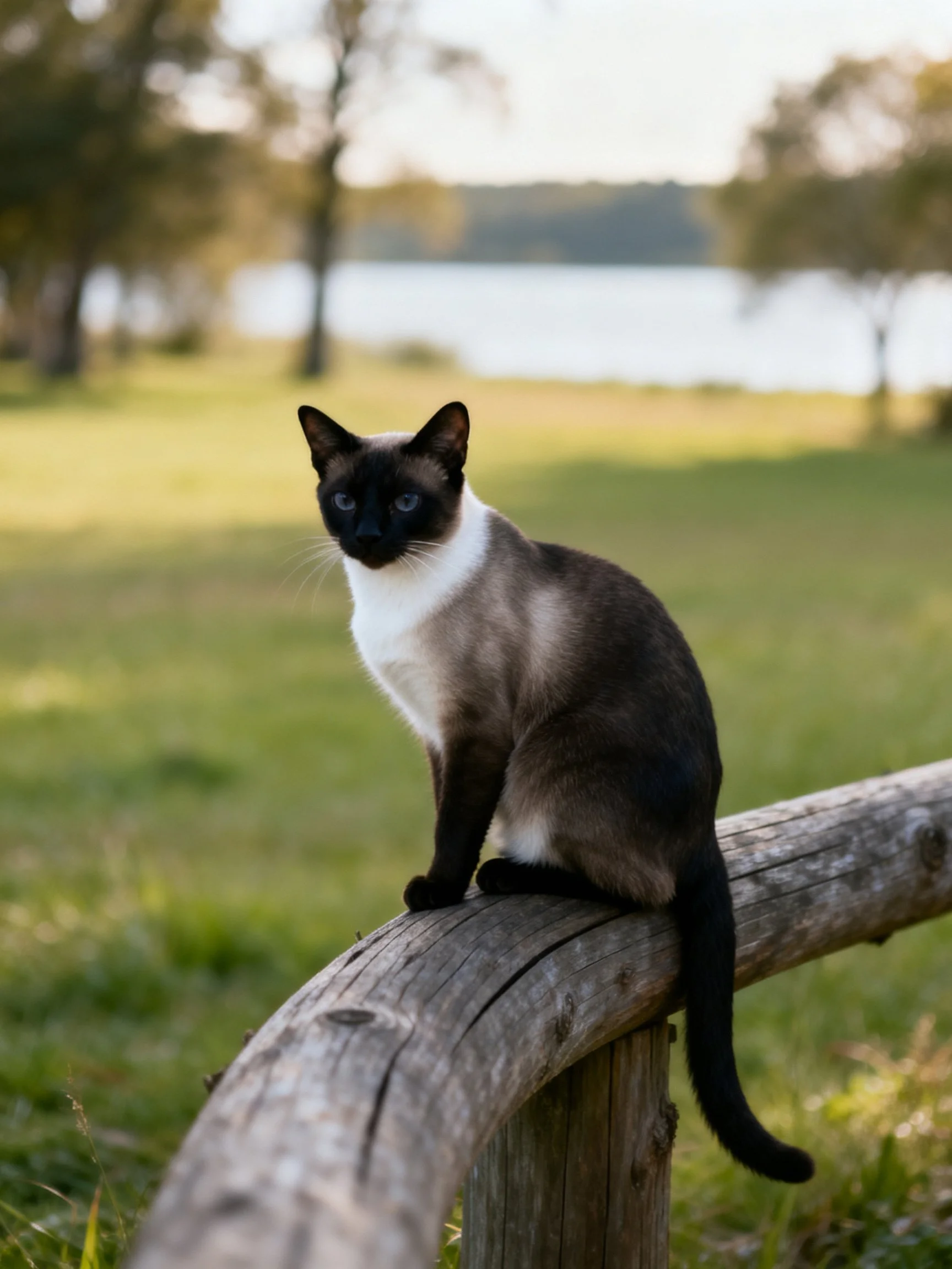 A Siamese cat sits on a weathered wooden rail near a serene lakeside