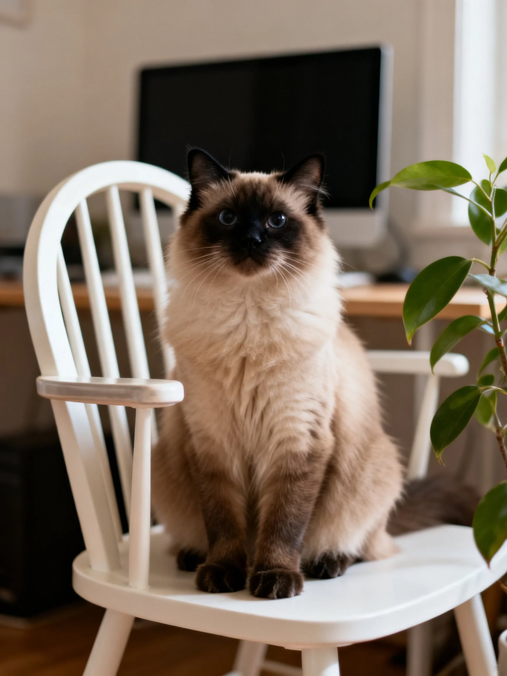 A Siamese cat sits on a white chair in a cozy home setting.