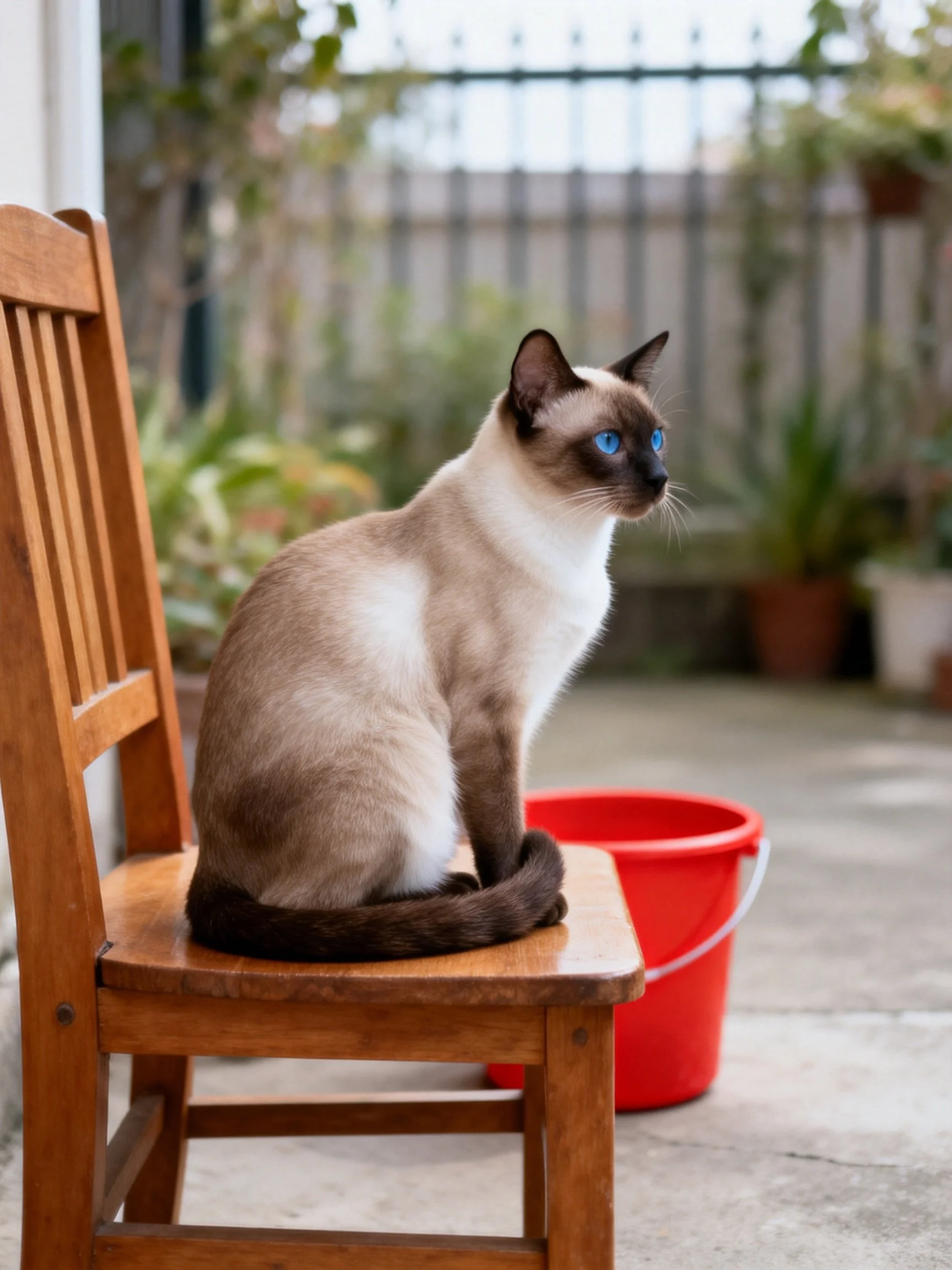 A Siamese cat sits on a wooden chair near a red bucket outdoors