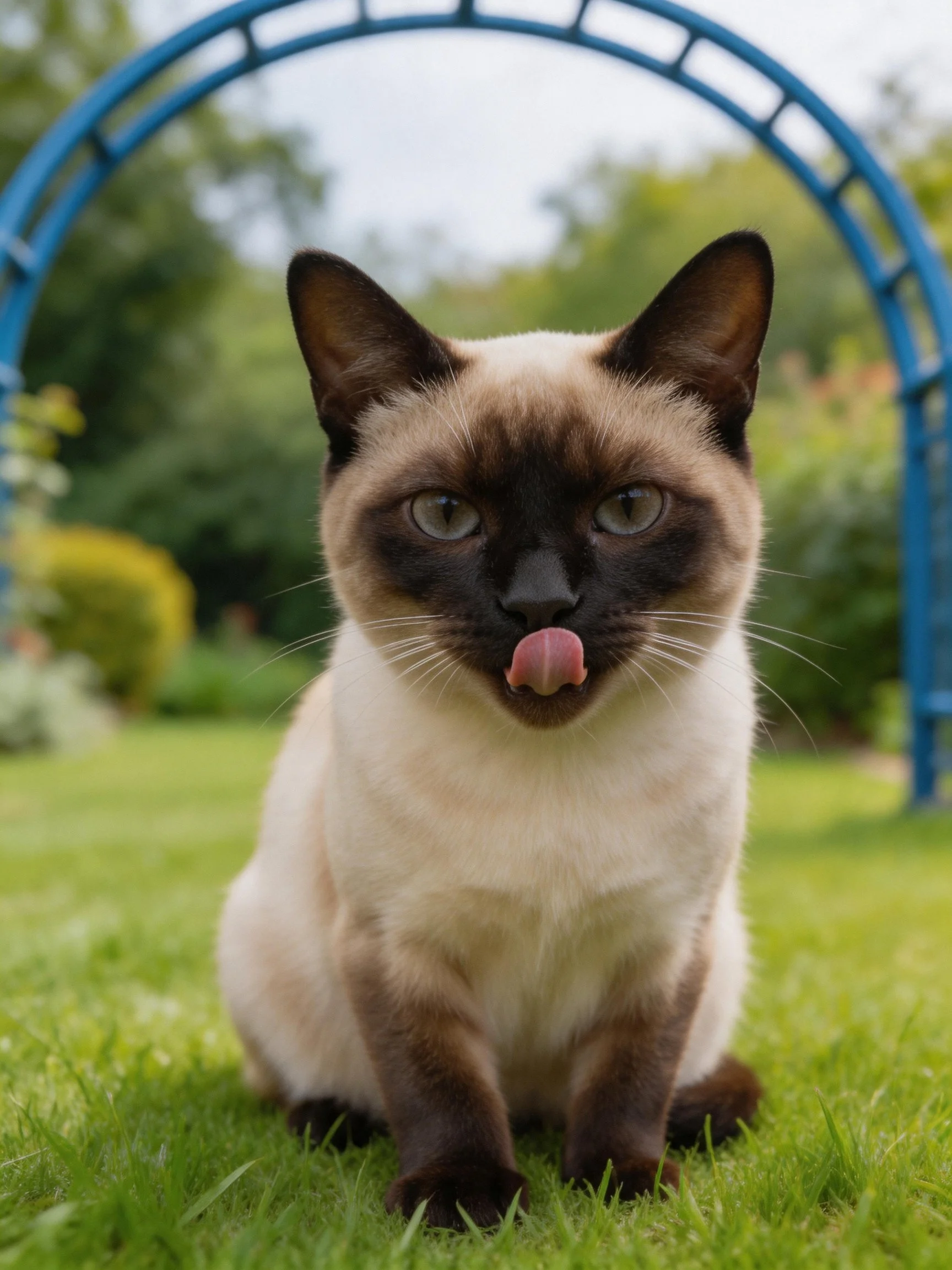 A Siamese cat sits on green grass with a blue arch structure in the background.