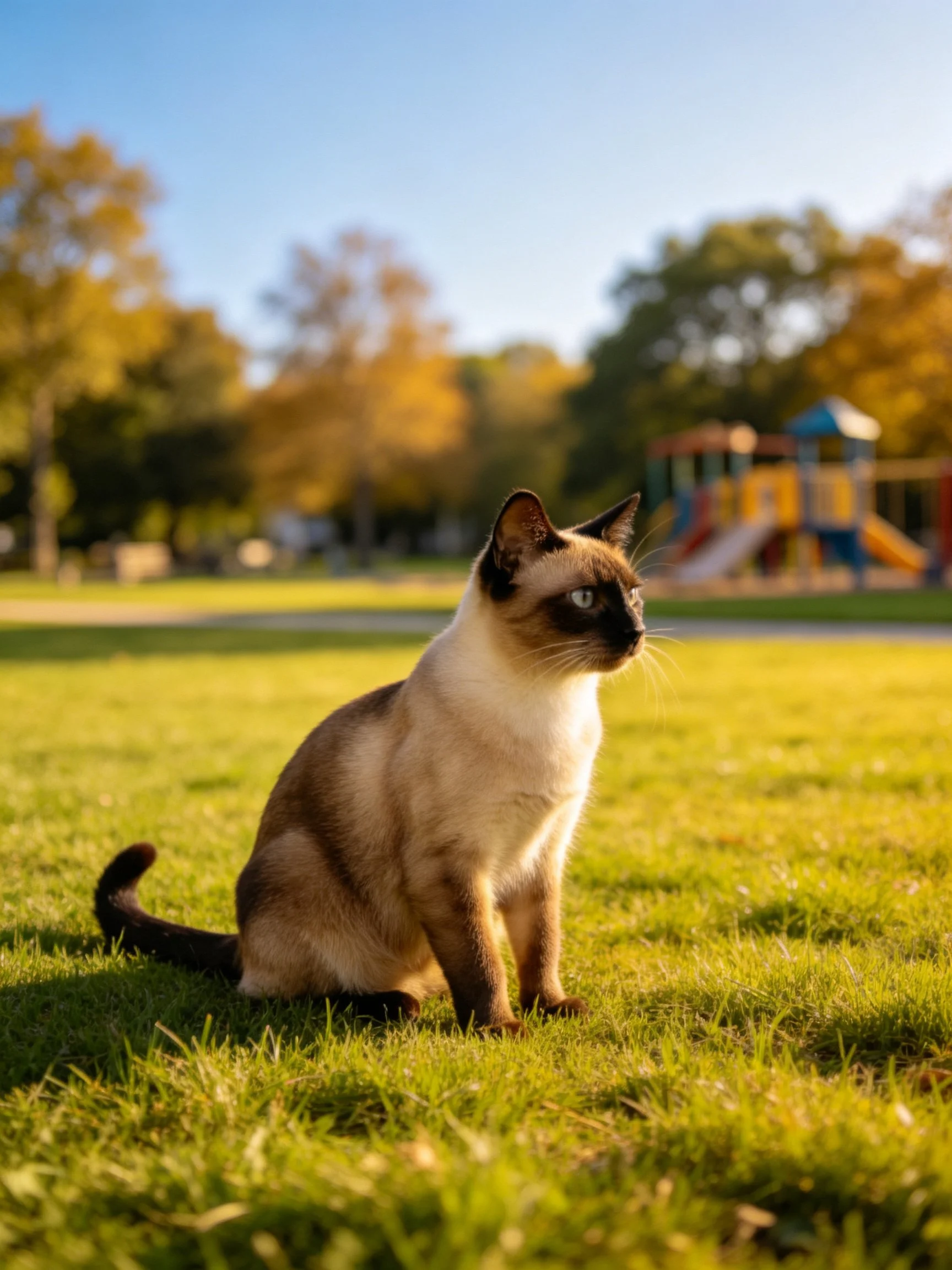 A Siamese cat sits on green grass near a colorful playground
