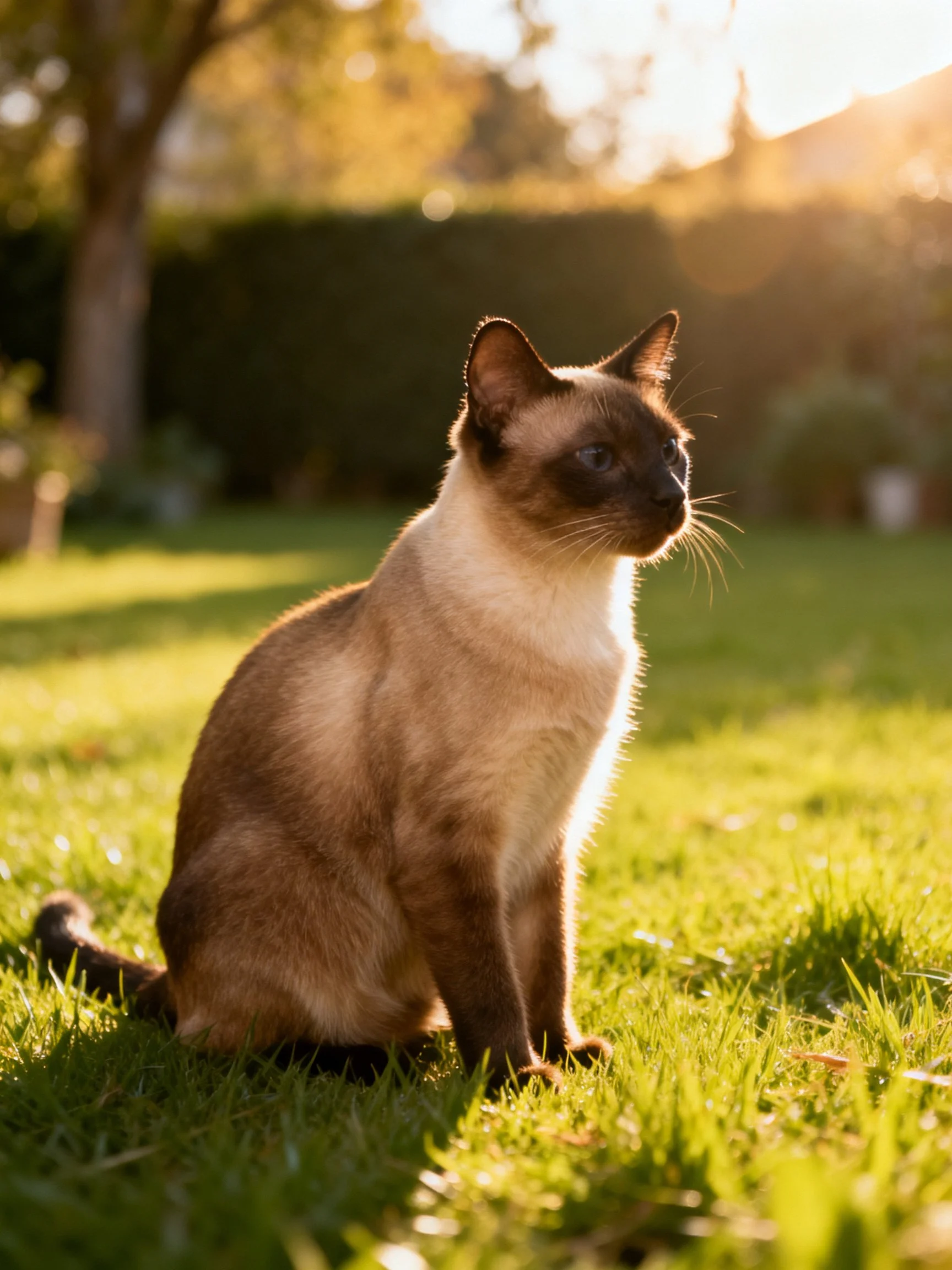 A Siamese cat sits on lush green grass in golden sunlight