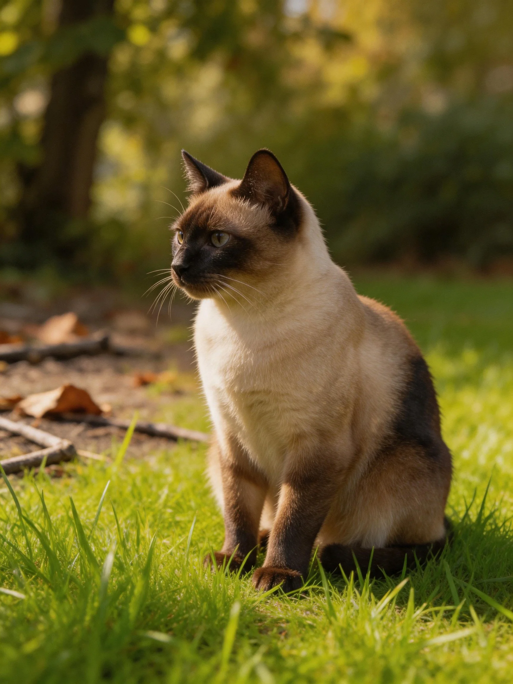 A Siamese cat sits on green grass in an outdoor setting with trees