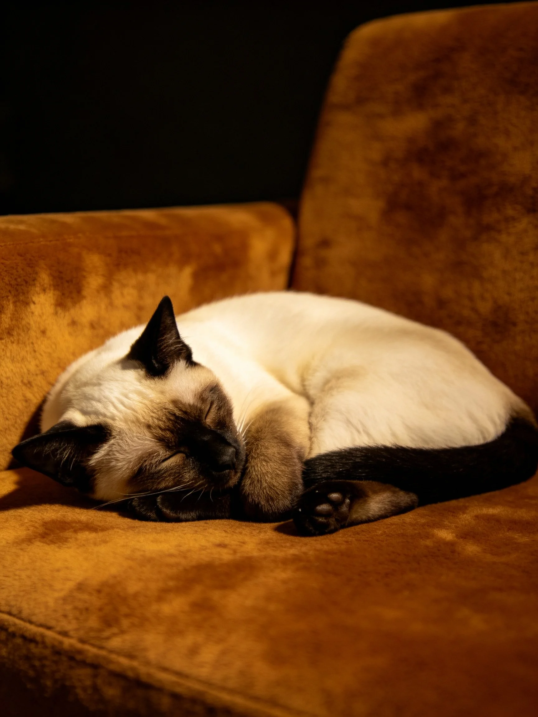 A Siamese cat sleeps curled on a brown velvet chair