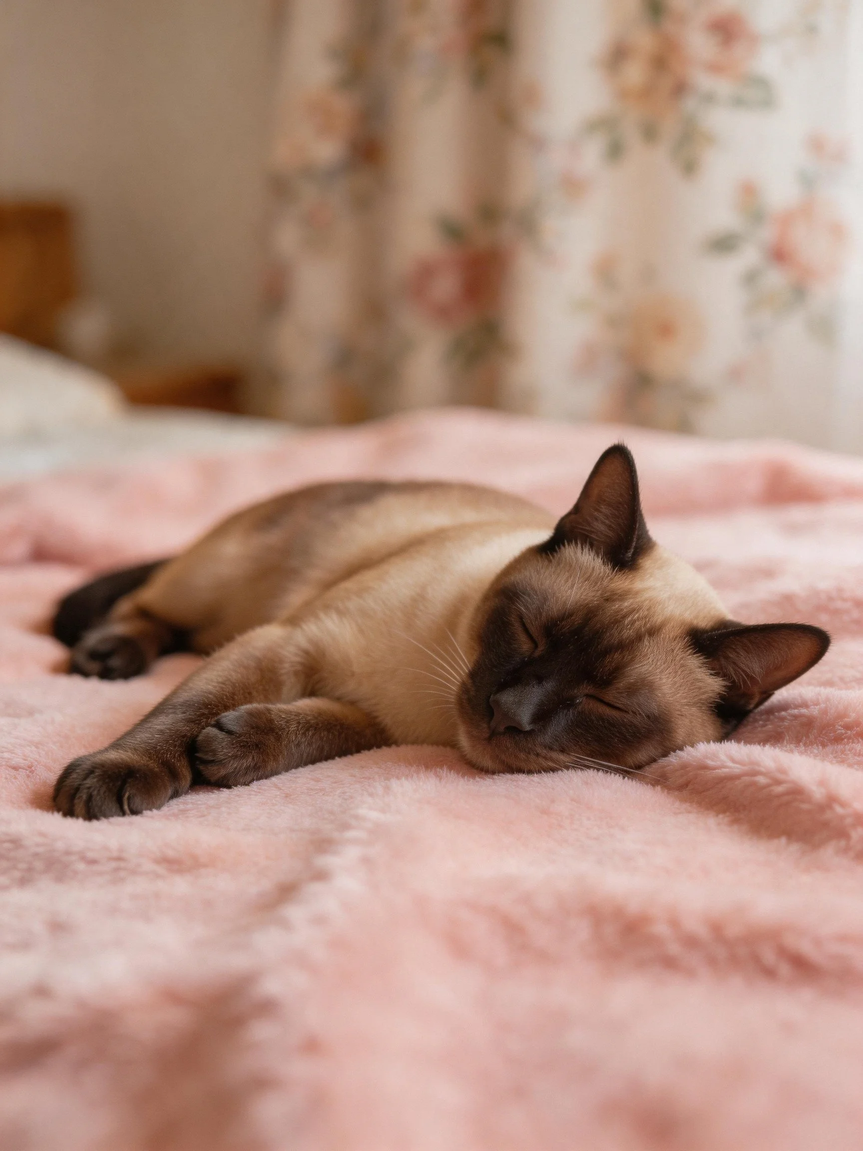A Siamese cat sleeps on a soft pink blanket