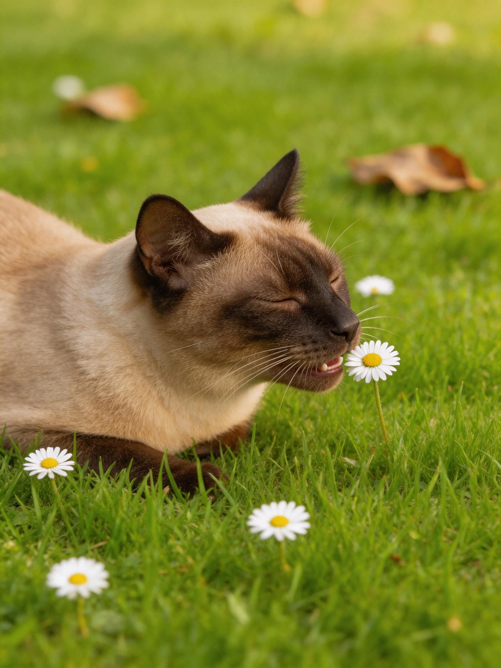 A Siamese cat sniffs daisies on lush green grass