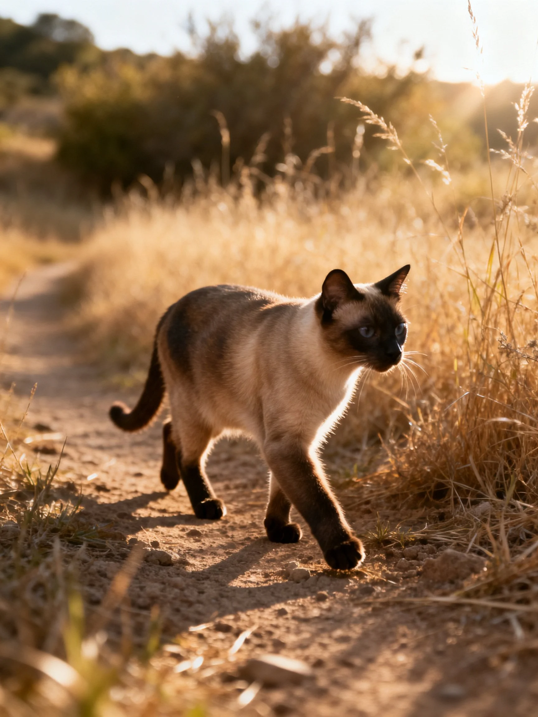 A Siamese cat traverses a sunlit dirt path amid golden grasses