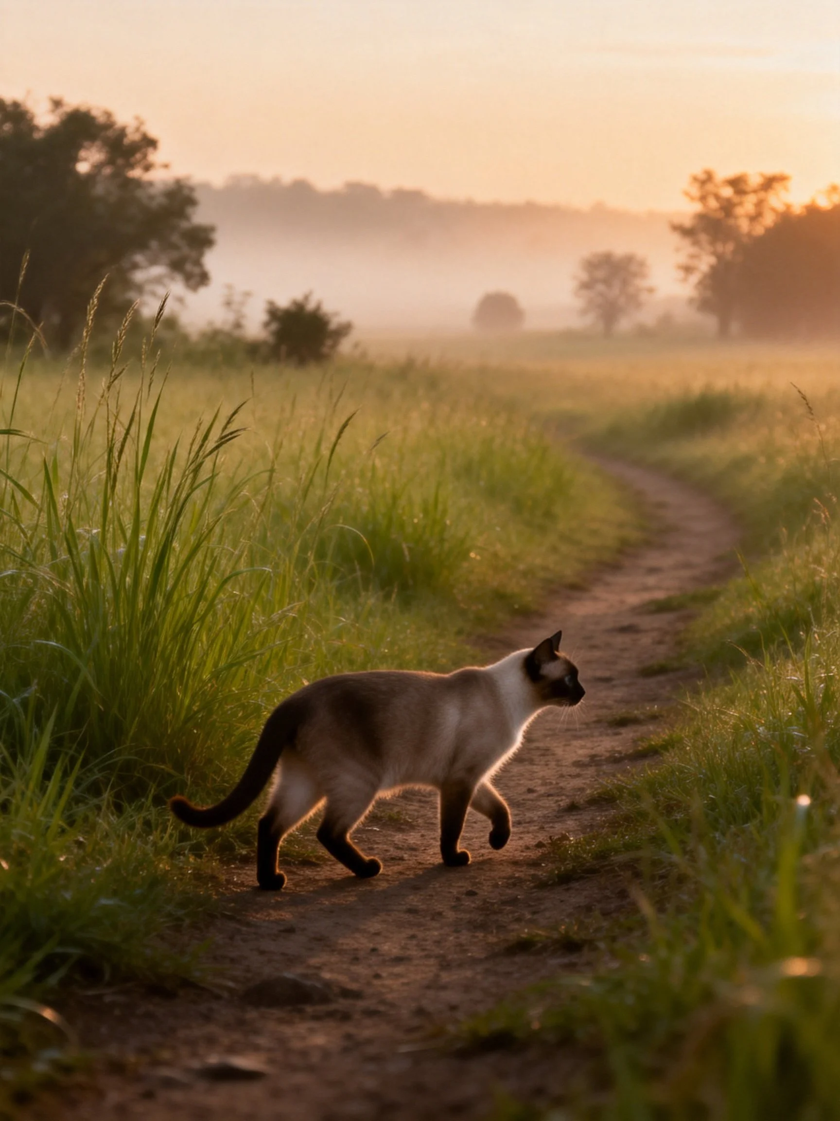 A Siamese cat walking along a sunlit dirt path in a misty meadow