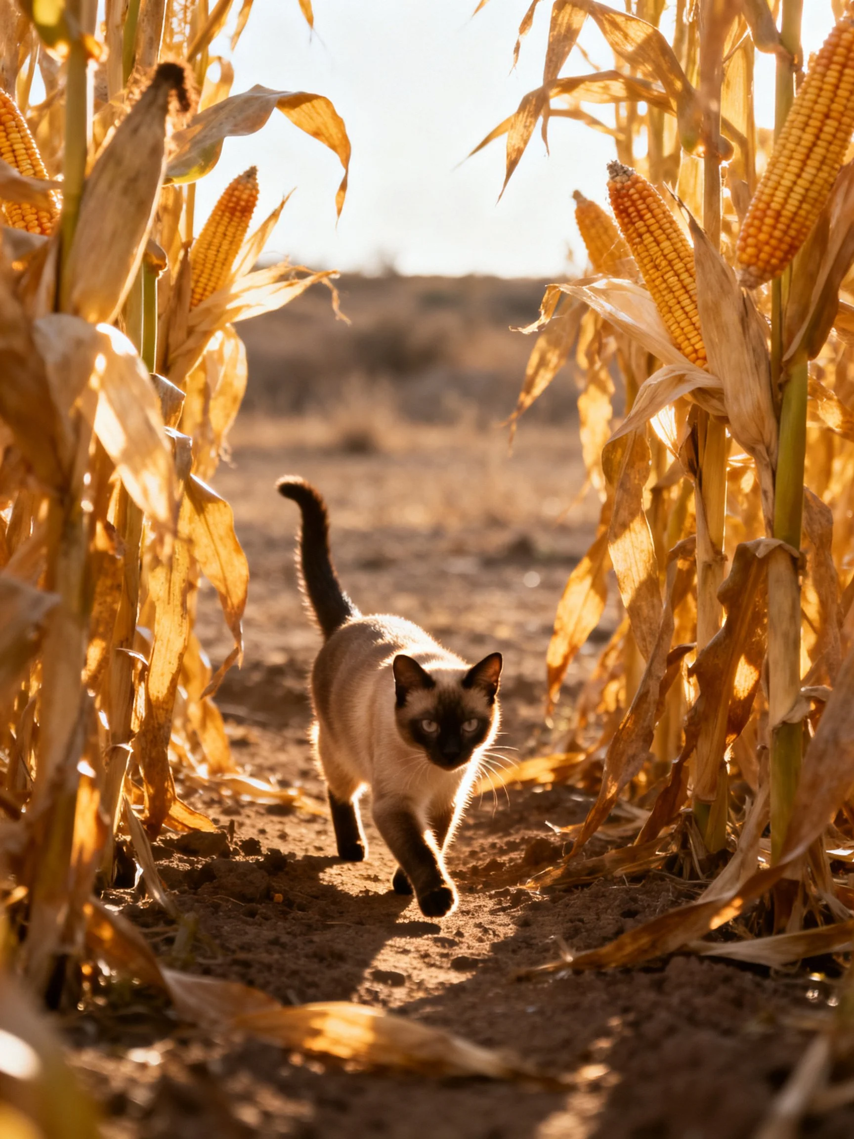 A Siamese cat walking through golden dried corn stalks in a sunlit field