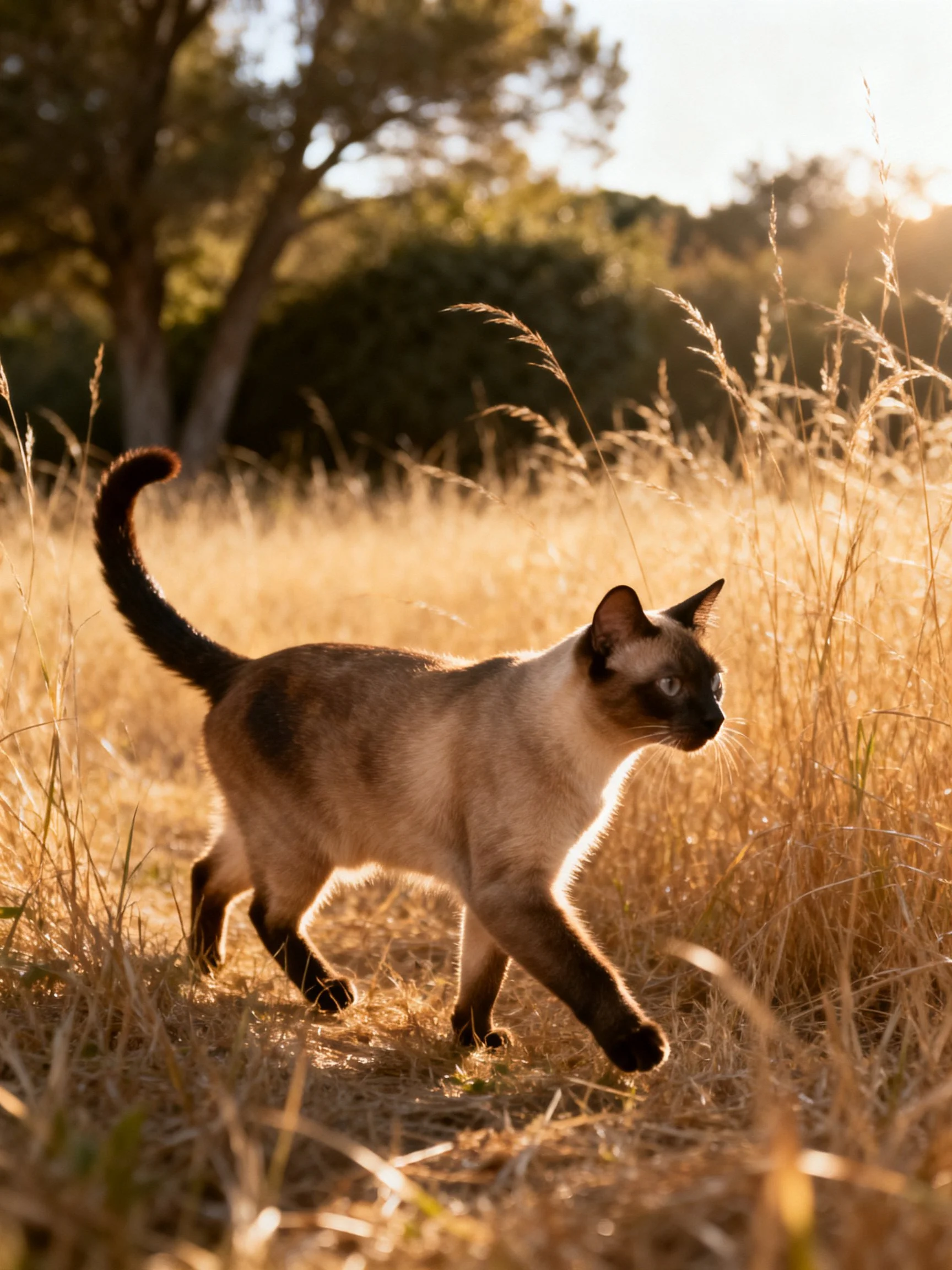 A Siamese cat walking through golden grass under warm sunlight