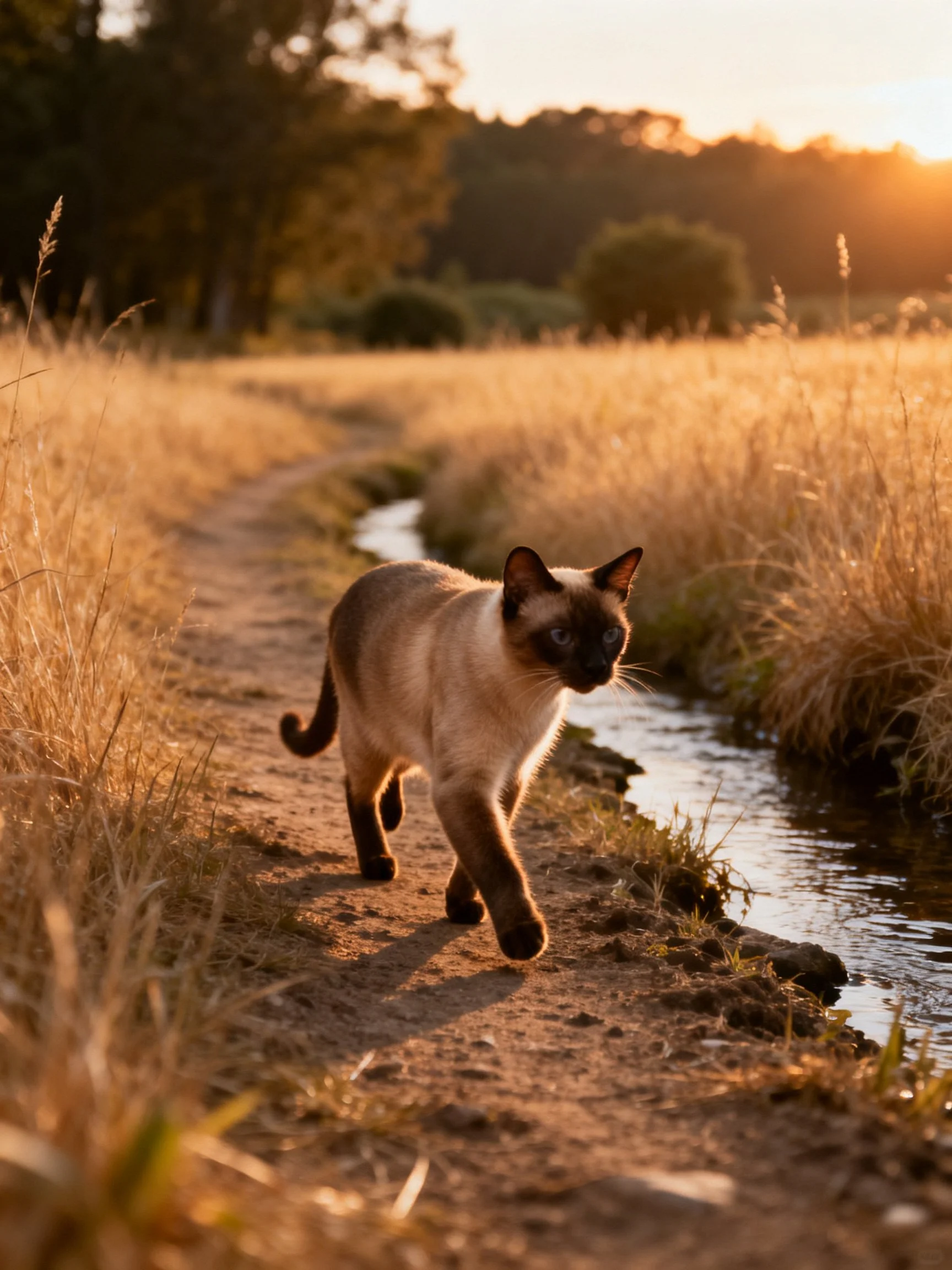 A Siamese cat walks along a dirt path near a stream in golden fields at sunset