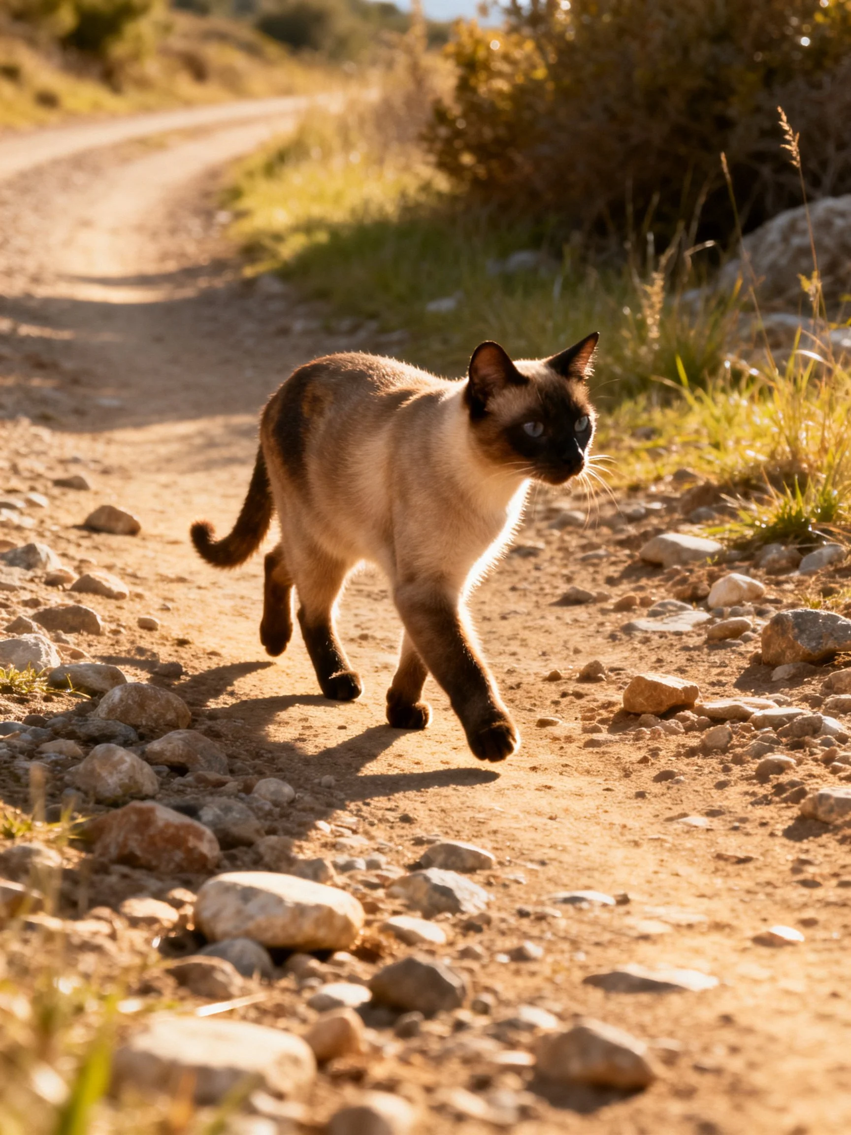 A Siamese cat walks along a rocky dirt path in golden light