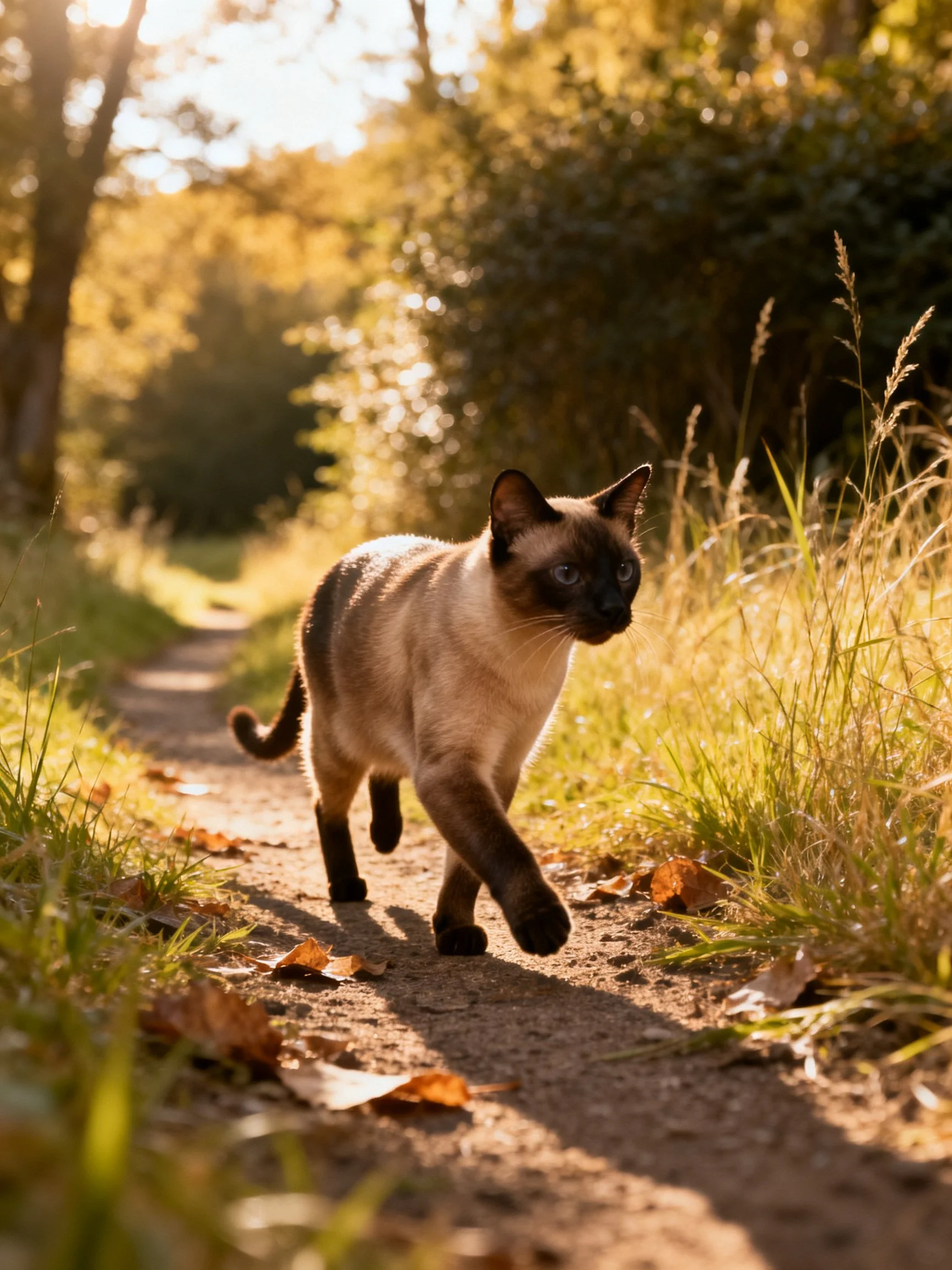 A Siamese cat walks along a sunlit dirt path with golden foliage