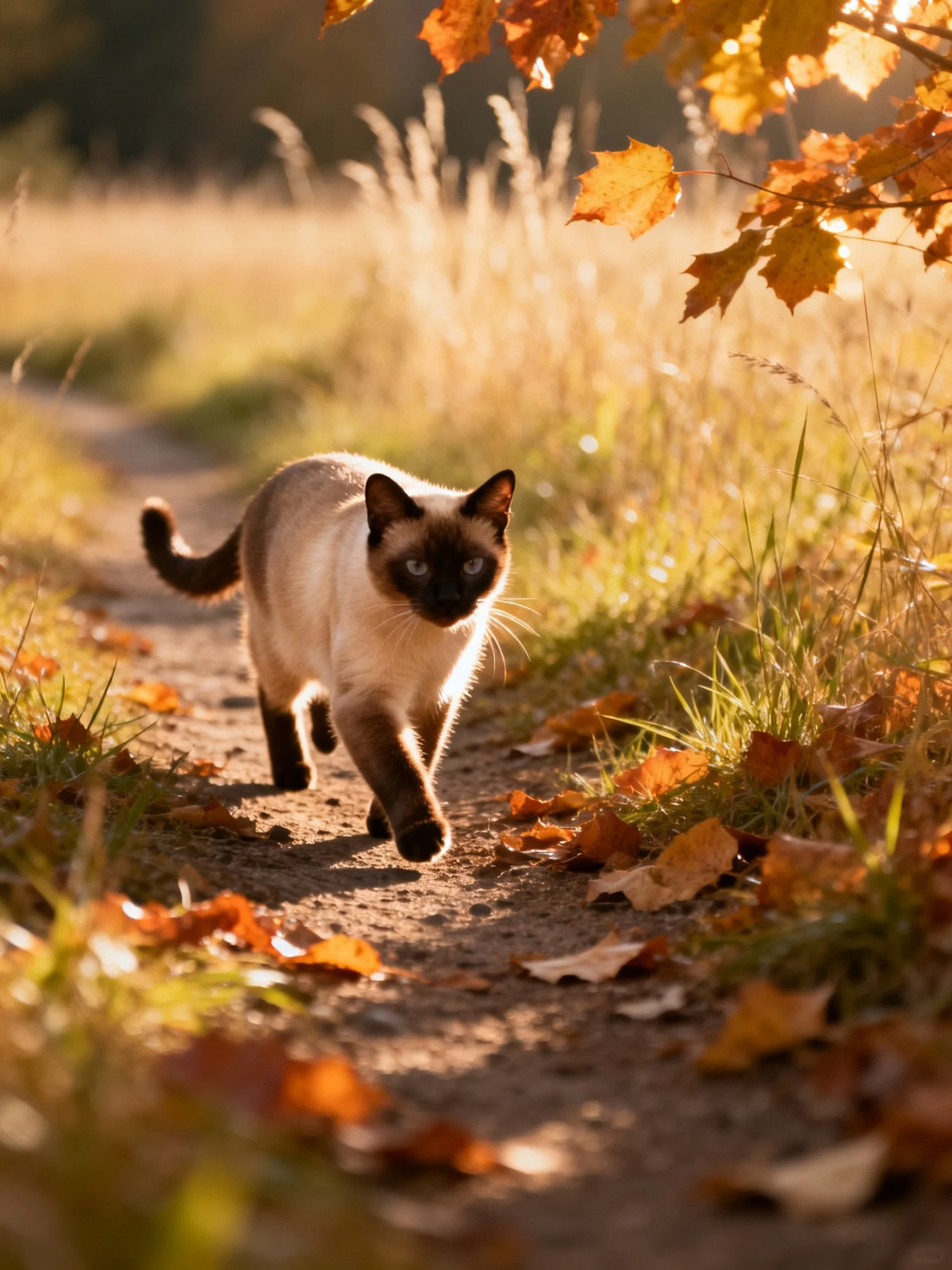 A Siamese cat walks along an autumn leaf - strewn dirt path under golden sunlight.