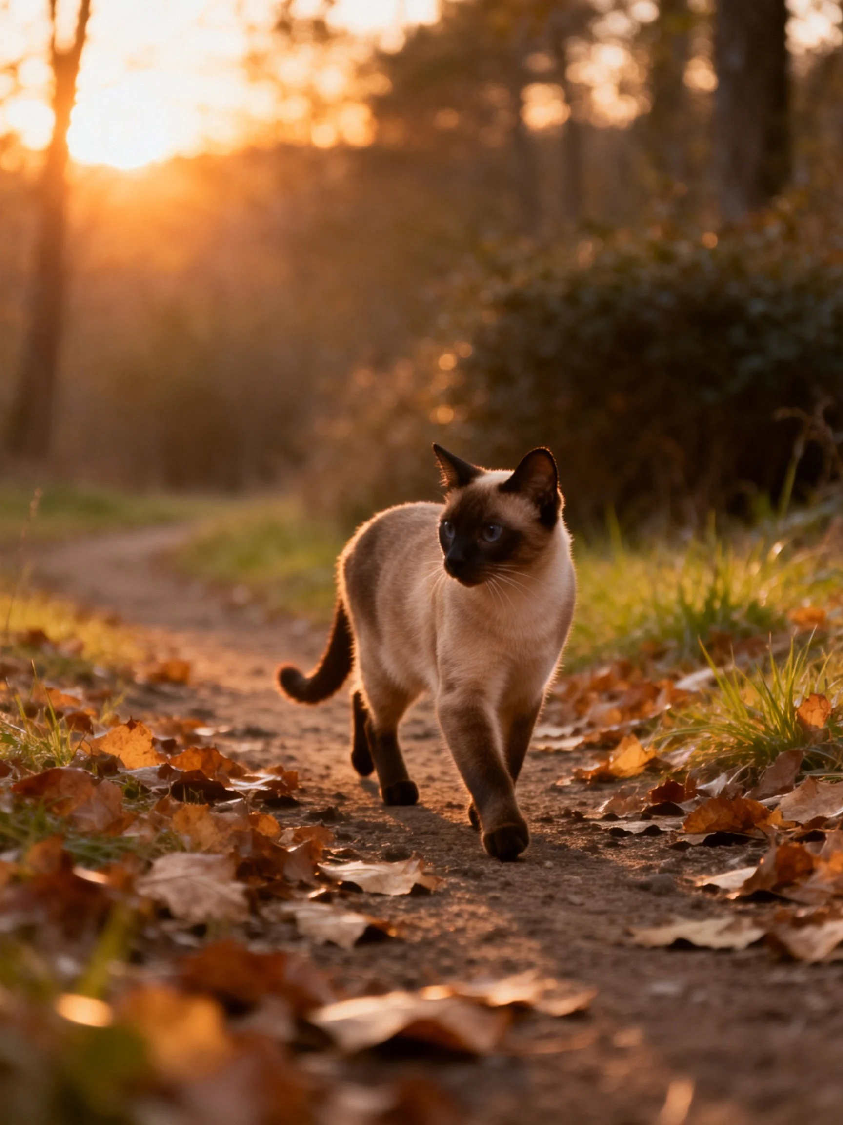 A Siamese cat walks on a leaf - strewn dirt path during golden hour