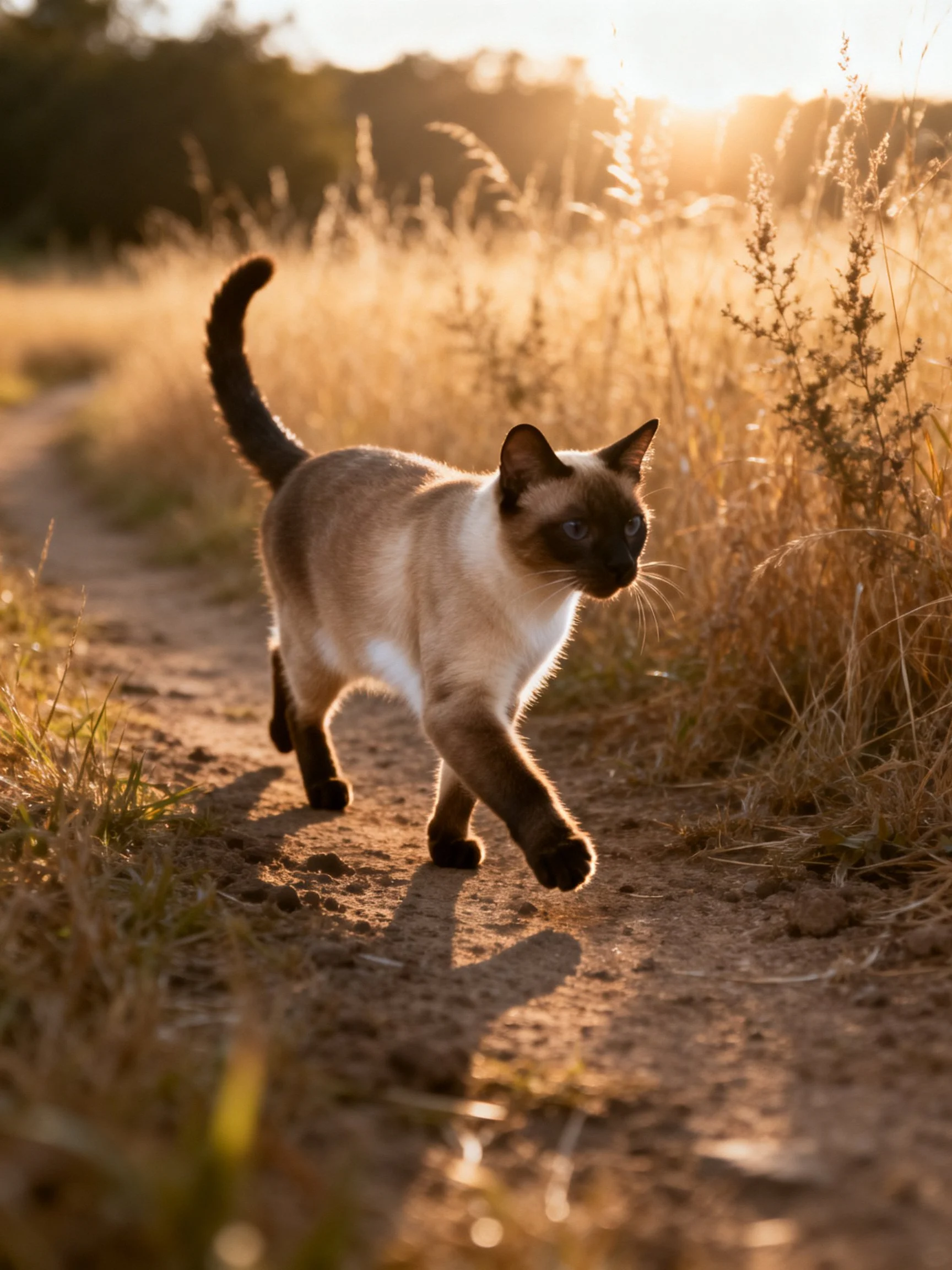 A Siamese cat walks along a sunlit dirt path bordered by golden grasses.