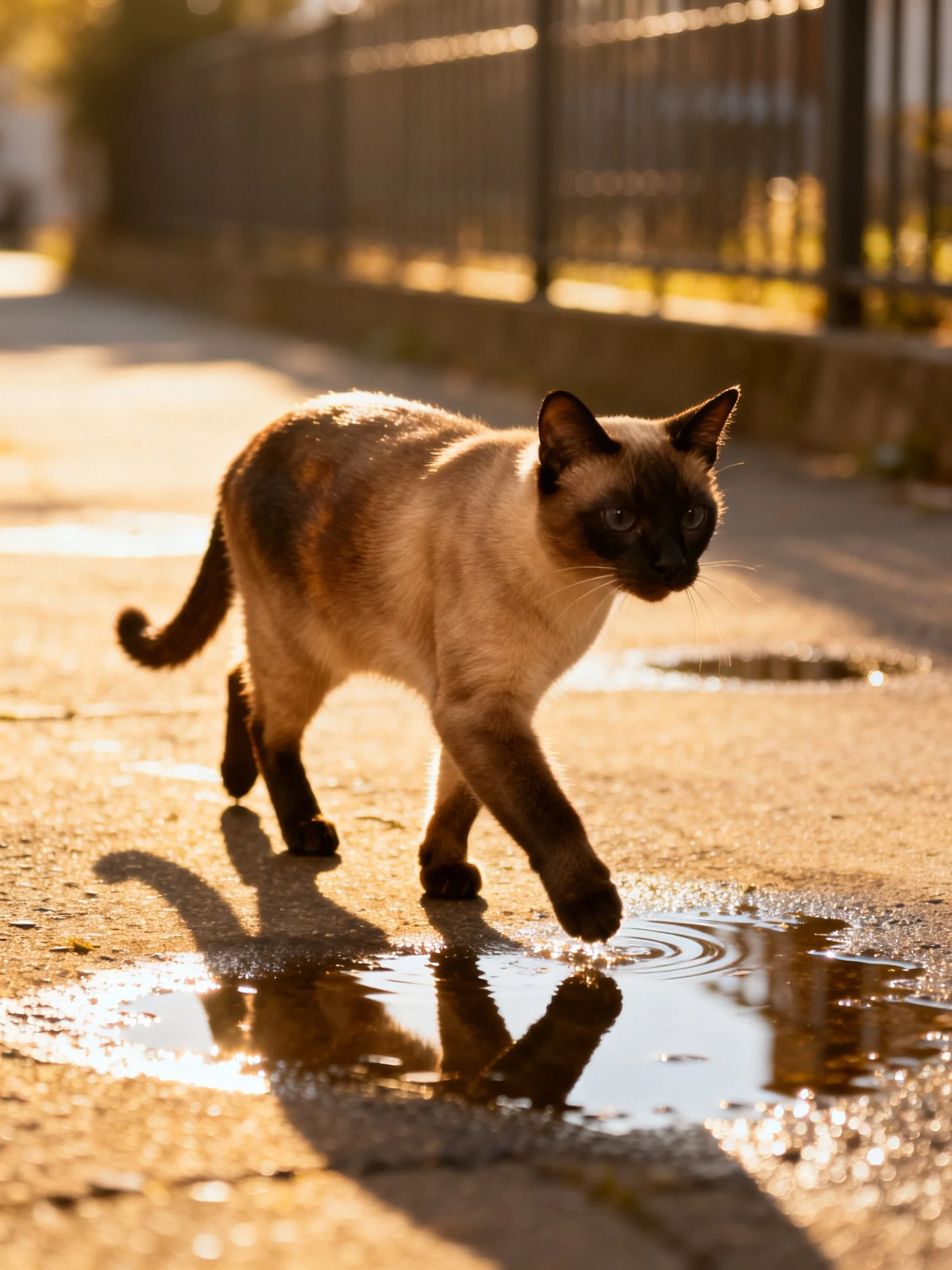 A Siamese cat carefully steps through a sunlit puddle on a paved surface.
