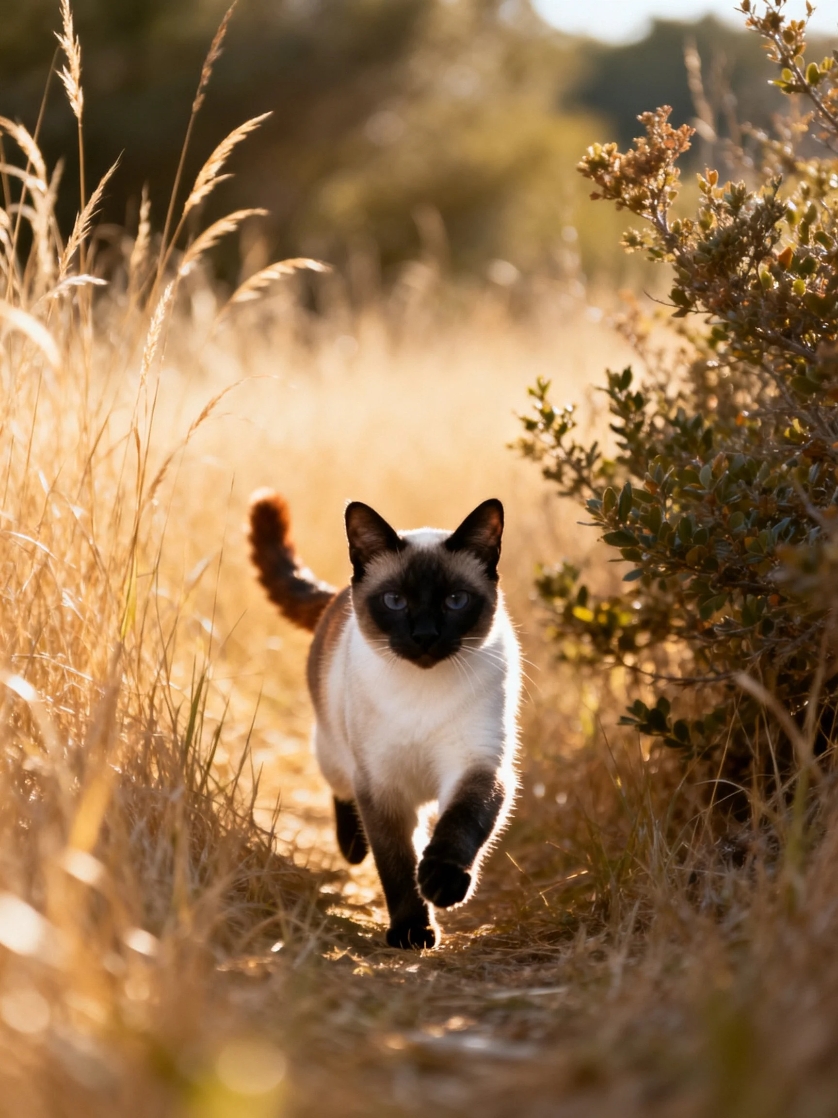 A Siamese cat moves through sunlit golden grass in an outdoor area.