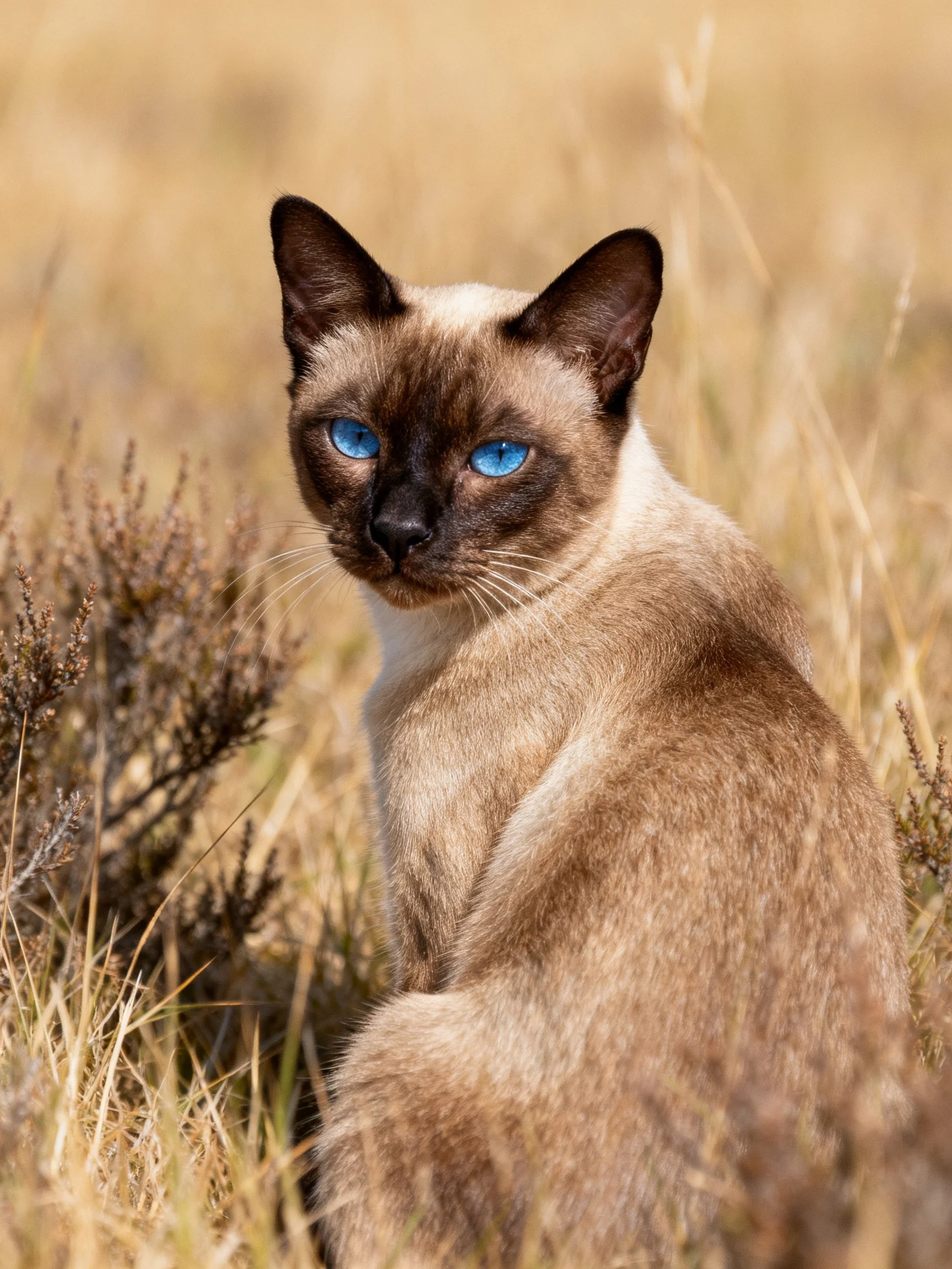 A Siamese cat with blue eyes is positioned among golden grasses.