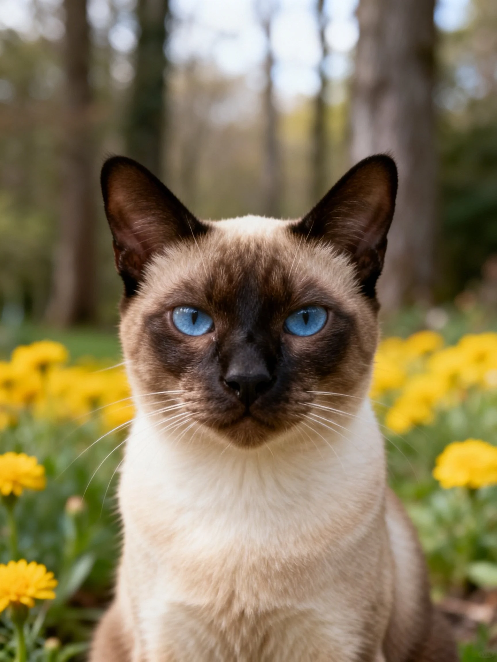 A Siamese cat with blue eyes among yellow flowers in a forest