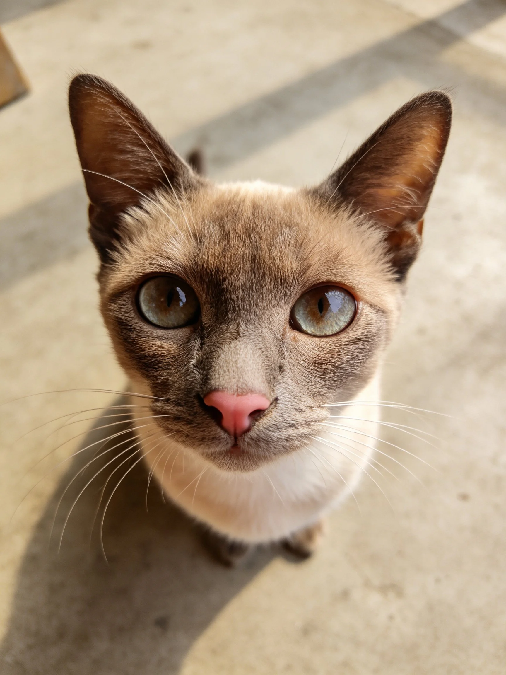 A Siamese cat looks upward with striking blue eyes on a concrete surface.