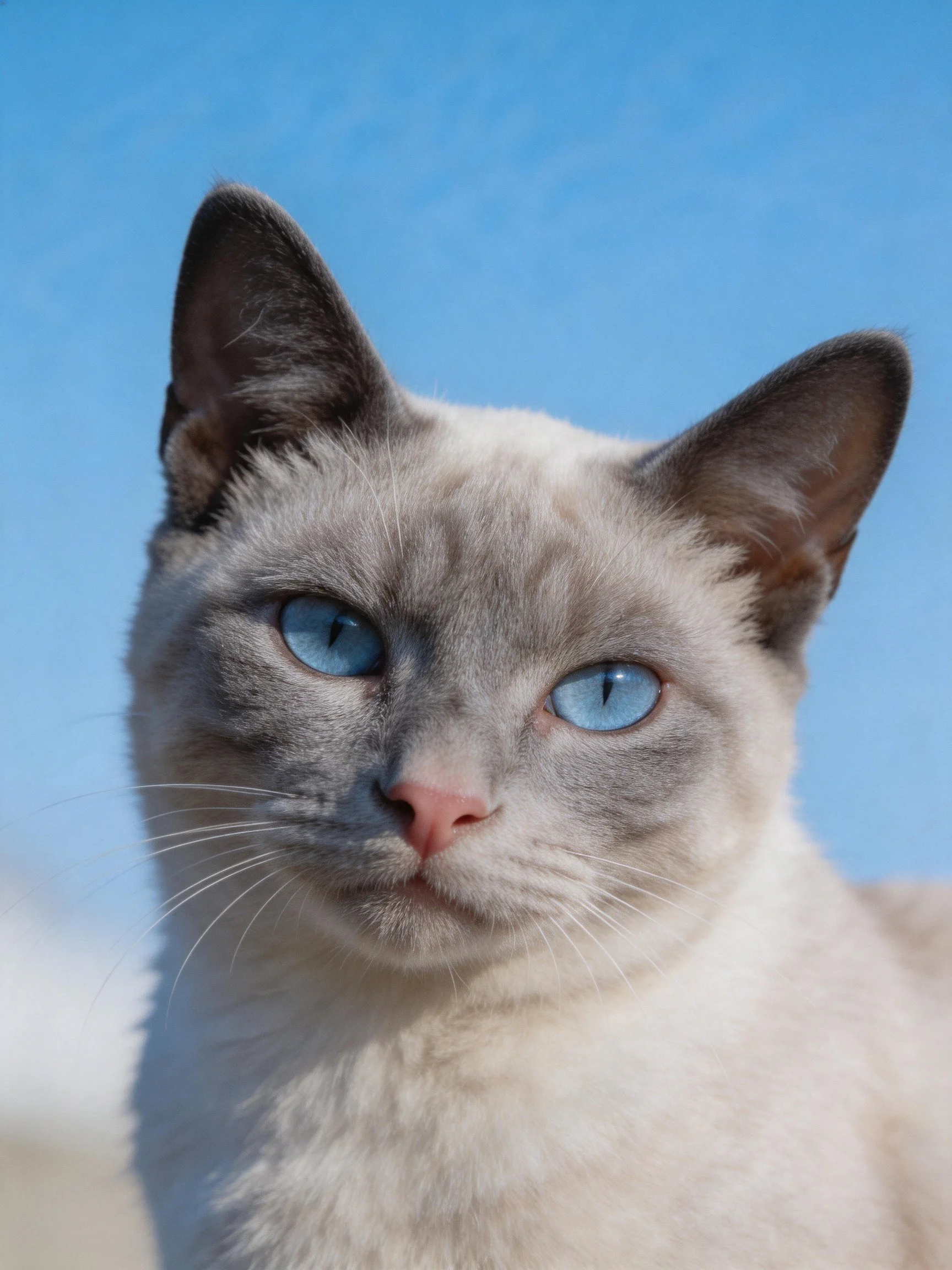 A Siamese cat with vivid blue eyes and soft fur stands out against a clear blue sky.