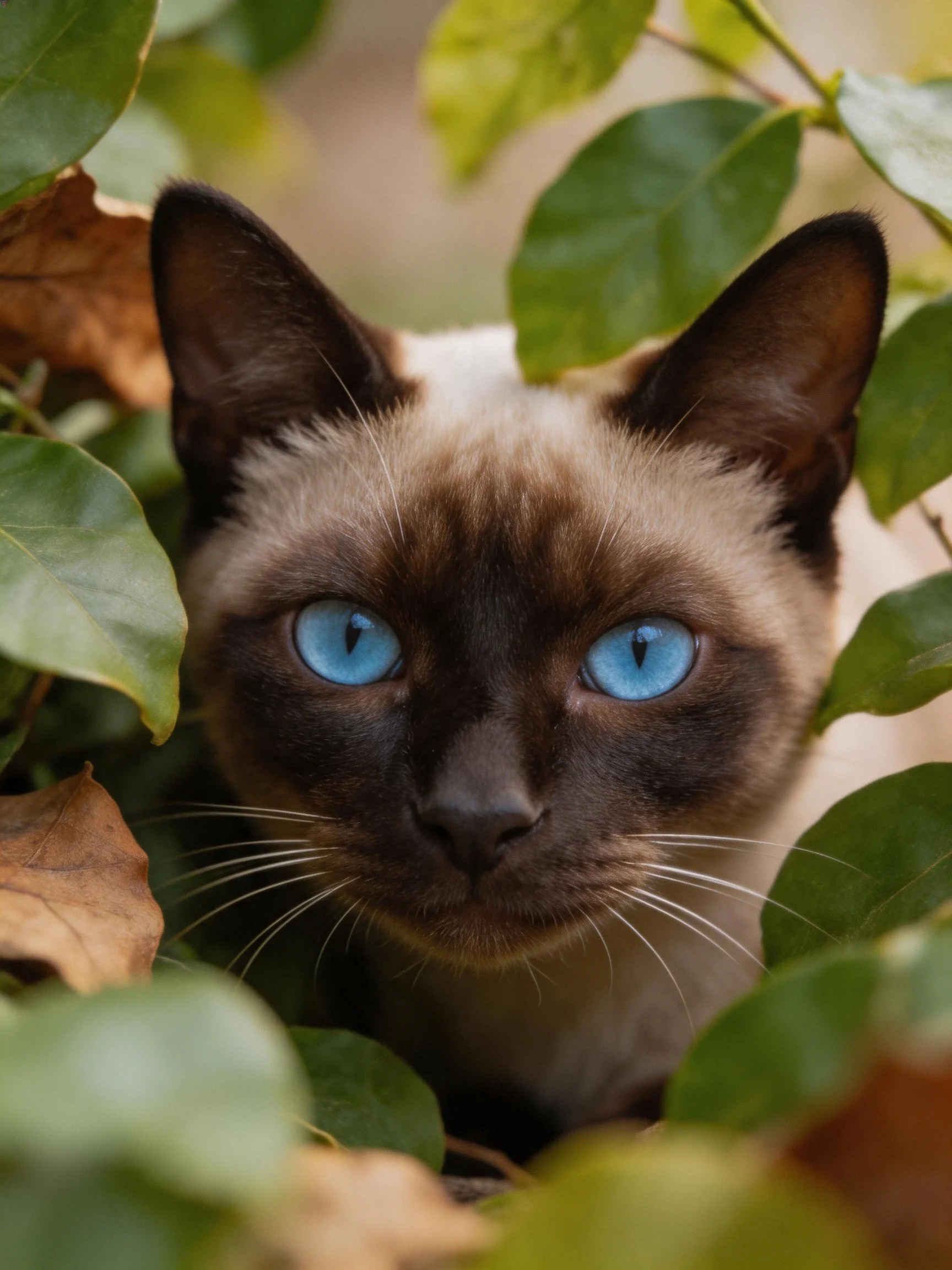 A Siamese cat with blue eyes hides among green and brown leaves