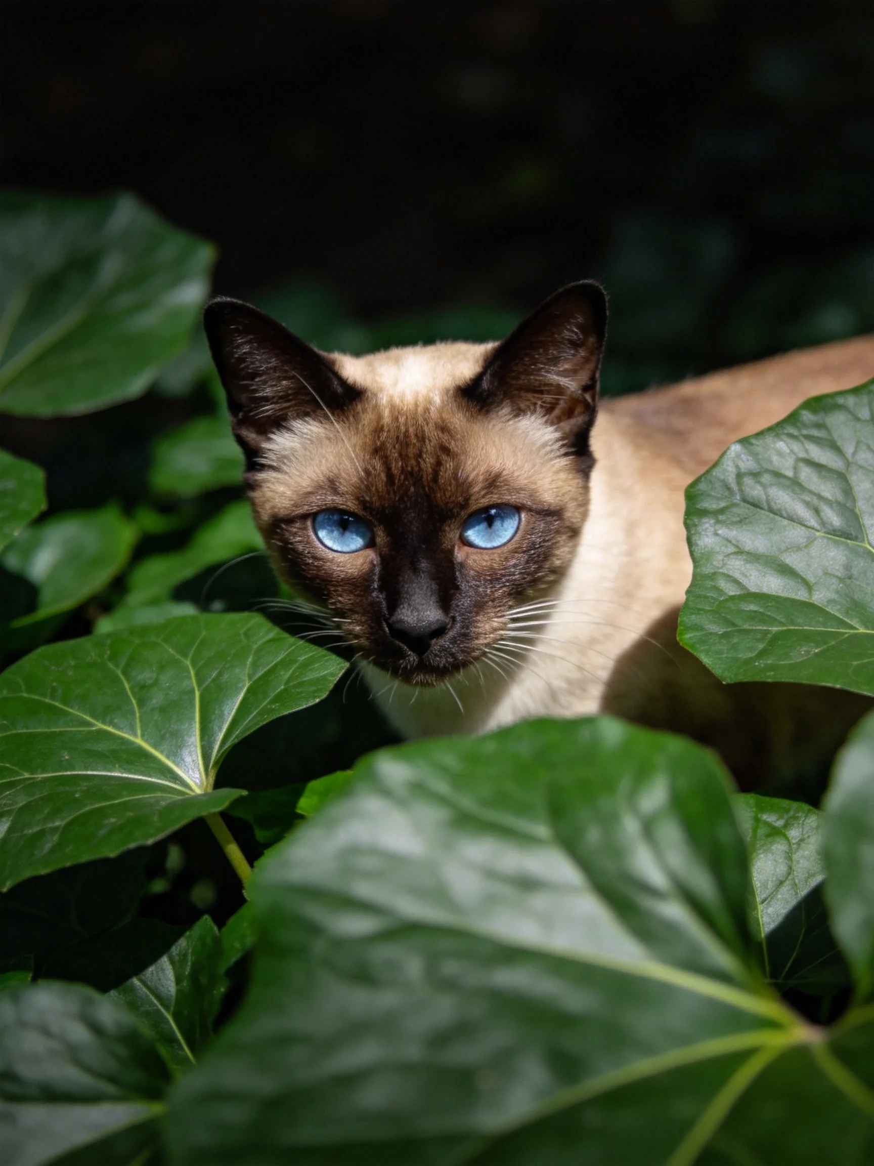 A Siamese cat with blue eyes hiding among large green leaves