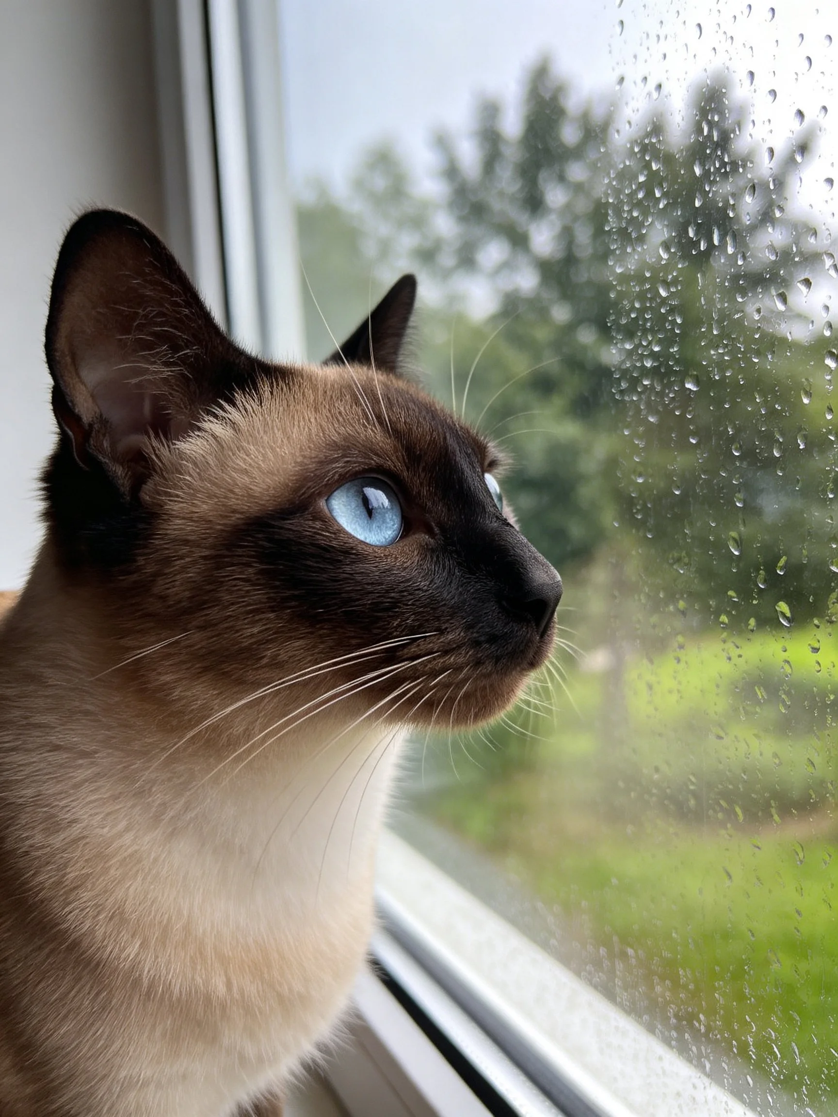 A Siamese cat with blue eyes looks out a rain-covered window
