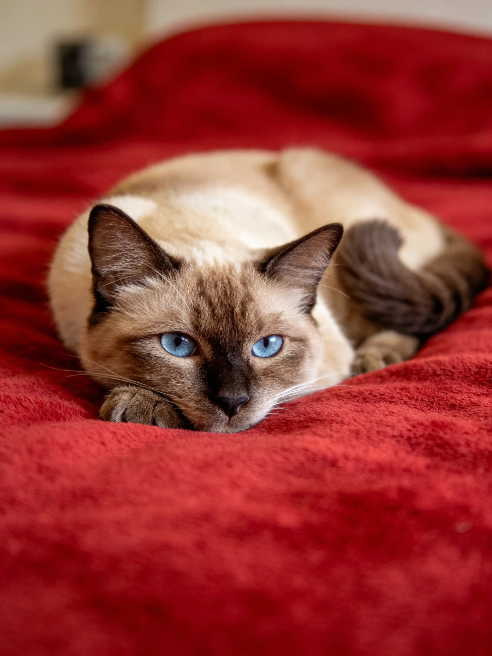 A Siamese cat with blue eyes lounges on a red blanket
