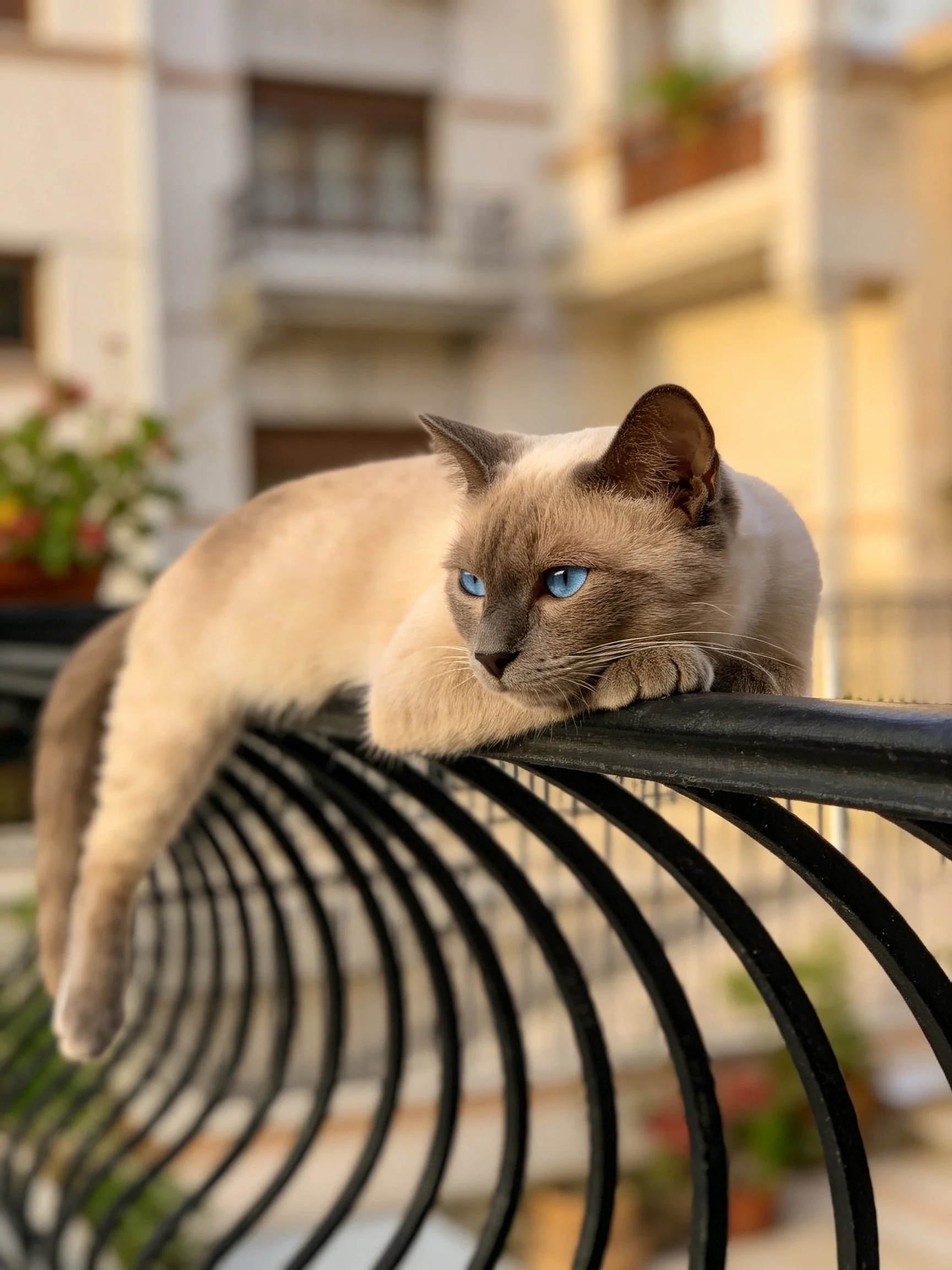 A Siamese cat with blue eyes lounging on a curved black metal railing