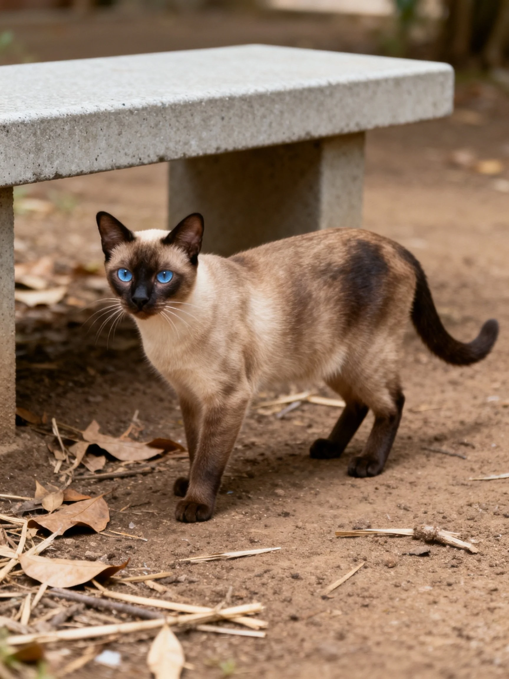 A Siamese cat with blue eyes is close to a concrete bench in an outdoor location.