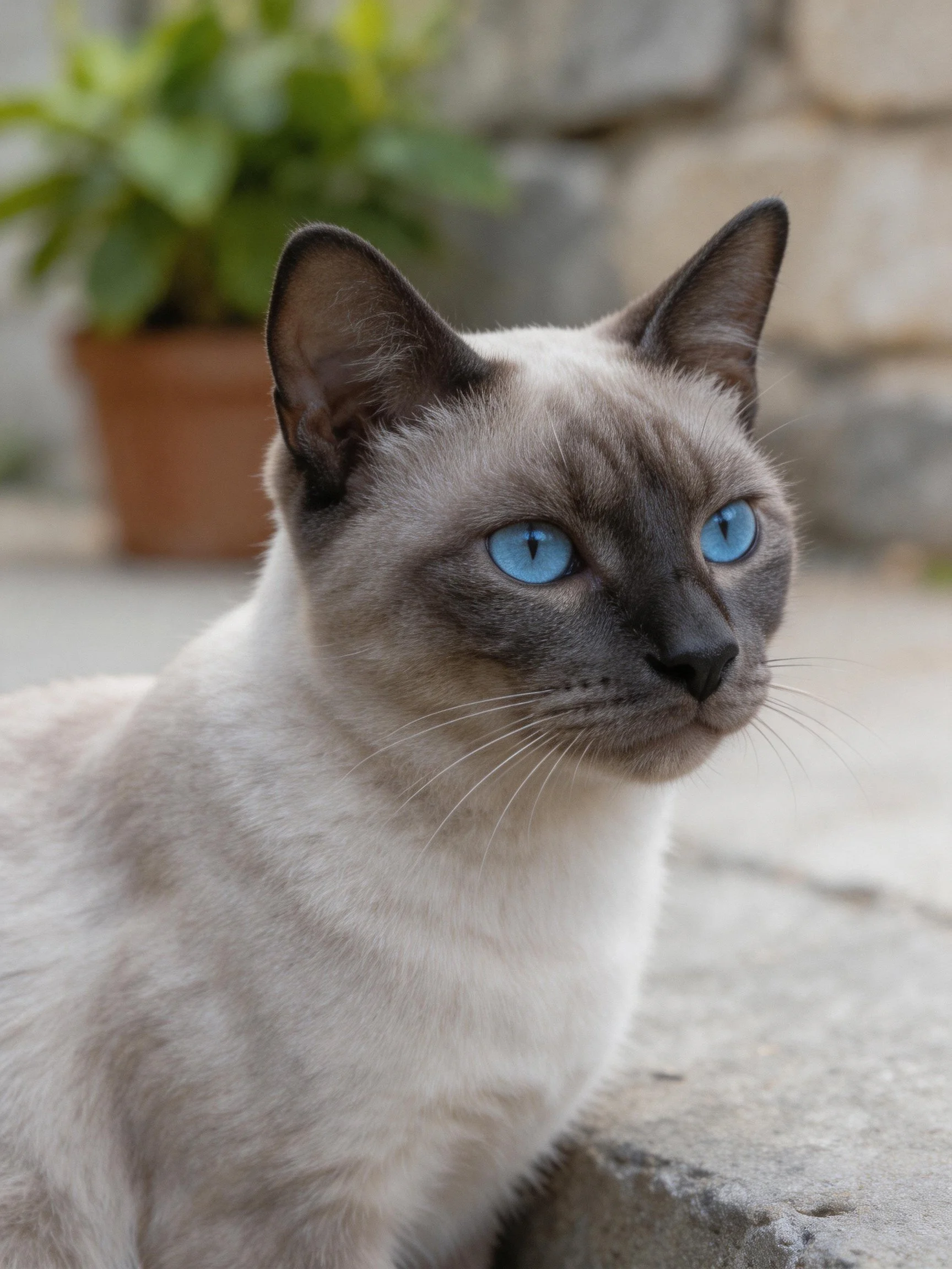 A Siamese cat with blue eyes sits near a potted plant outside.