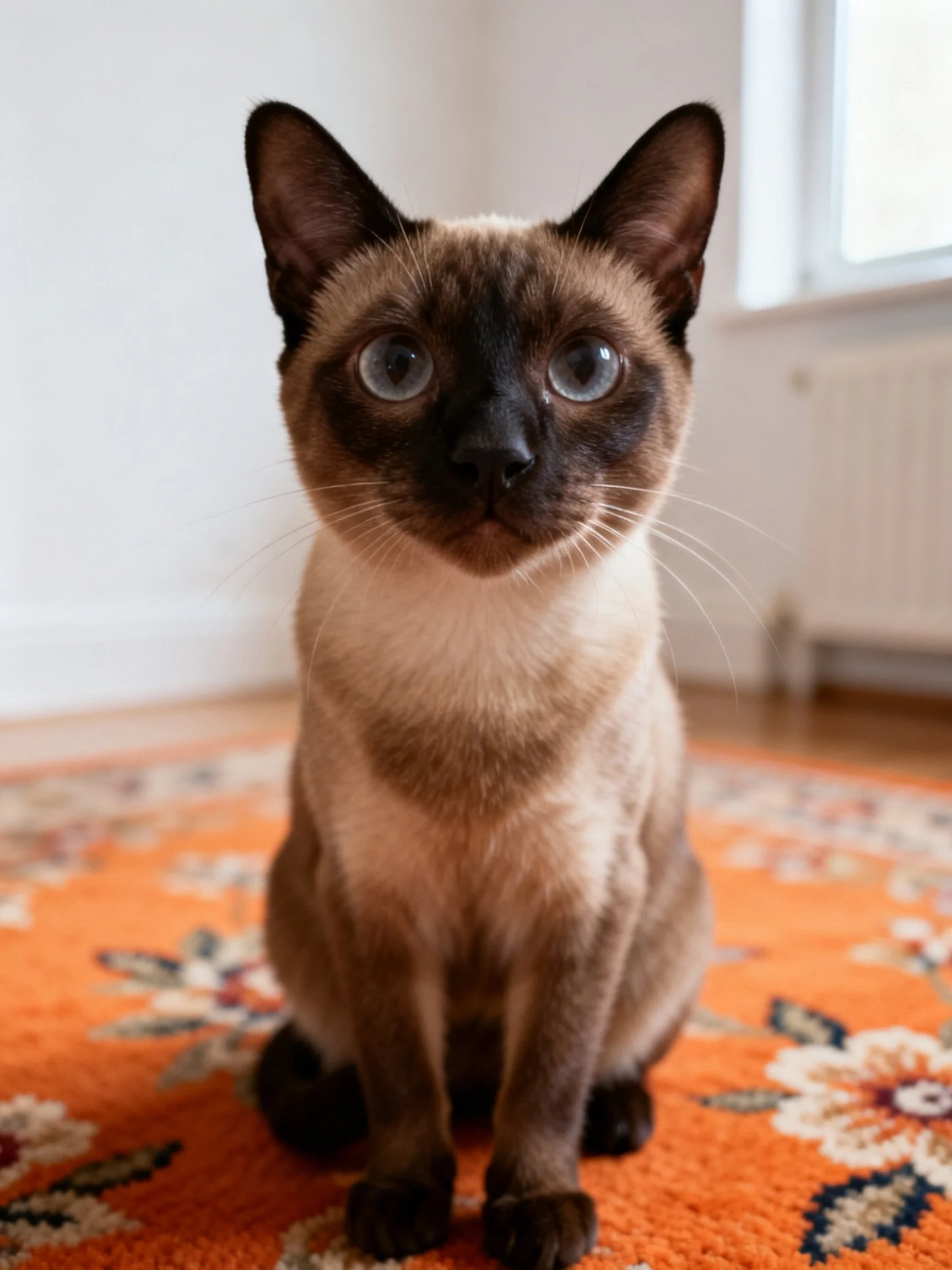A Siamese cat with blue eyes on an orange floral rug