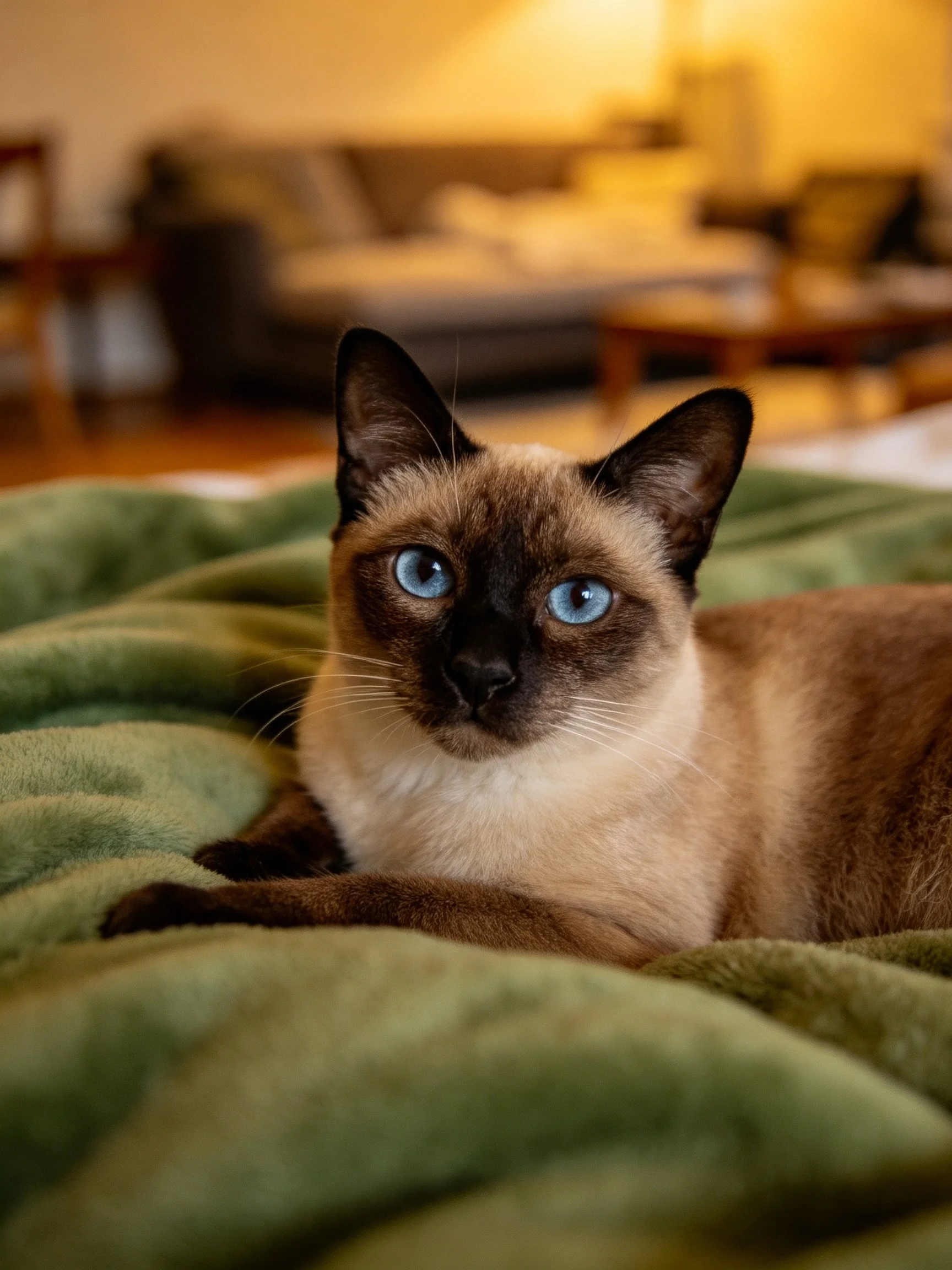 A Siamese cat with blue eyes reclines on a soft green blanket in a cozy room