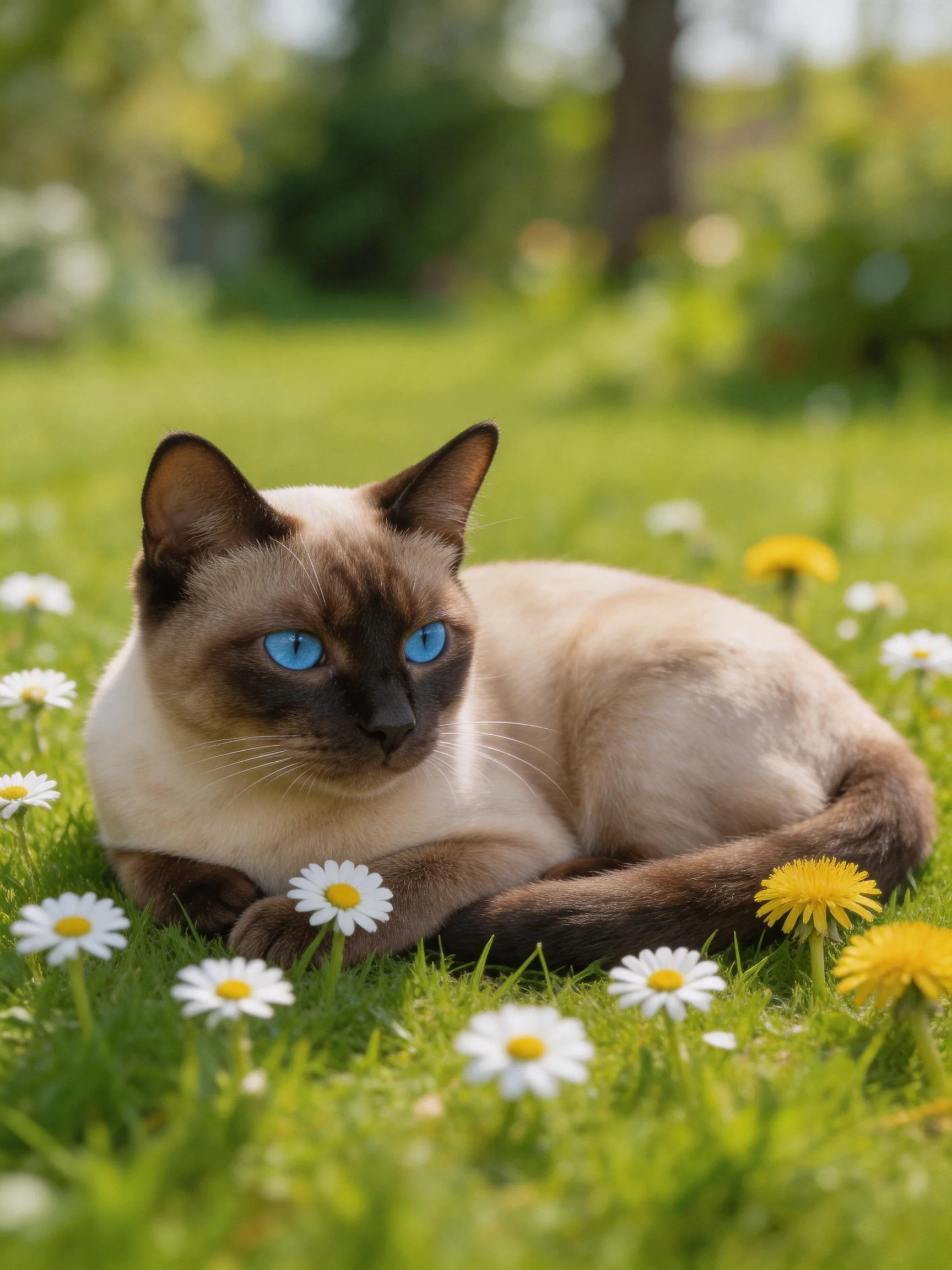 A Siamese cat with blue eyes resting among white and yellow flowers