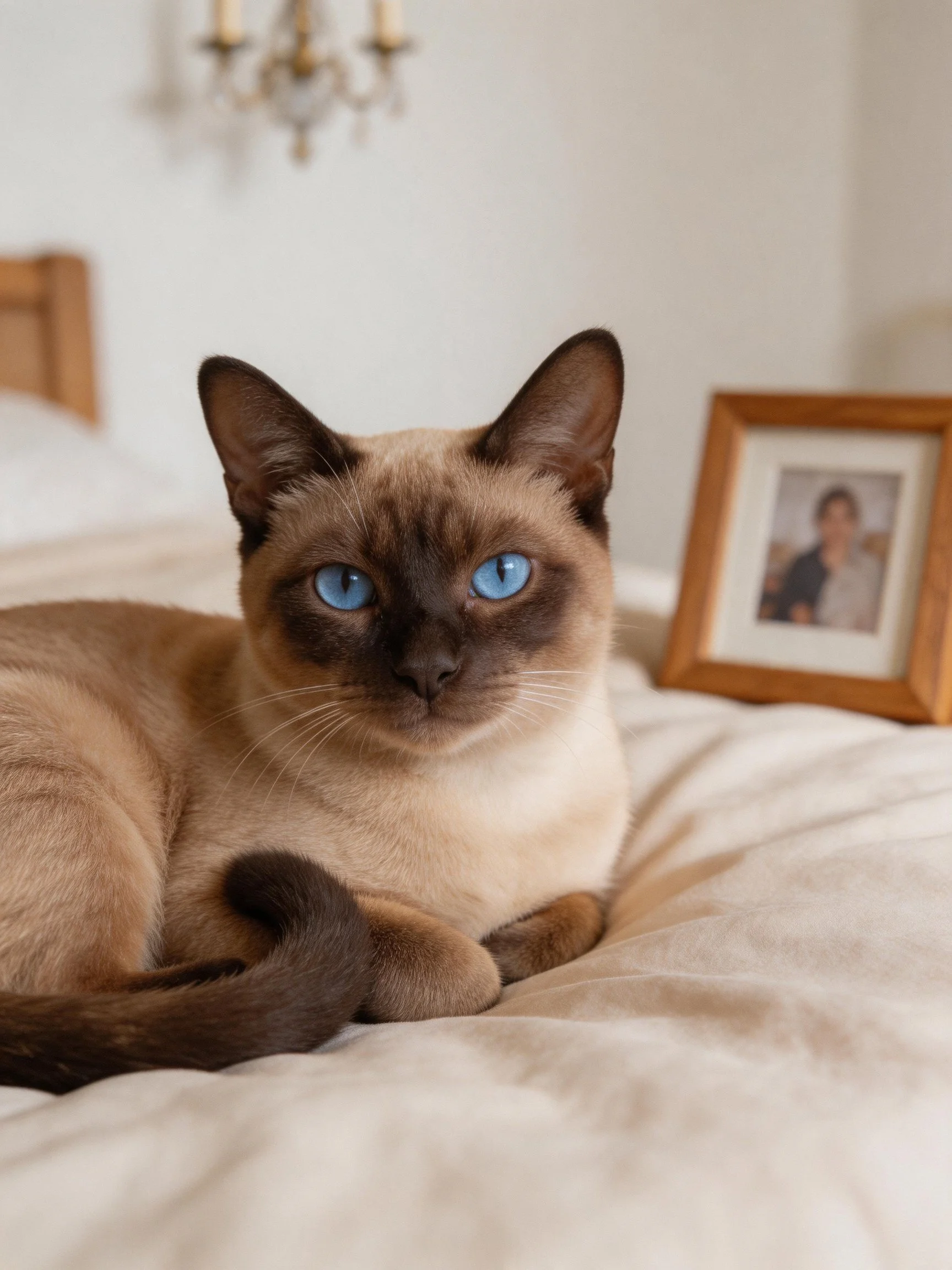 A Siamese cat with blue eyes resting on a bed near a framed photo