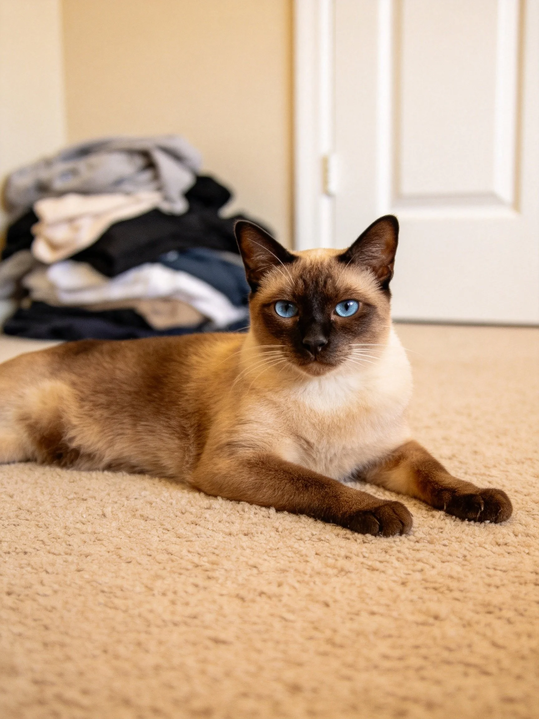 A Siamese cat with blue eyes relaxes on a carpet near folded clothing.