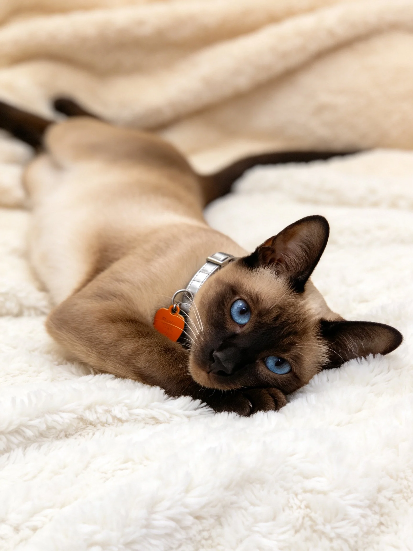 A Siamese cat with blue eyes relaxes on a soft white blanket.