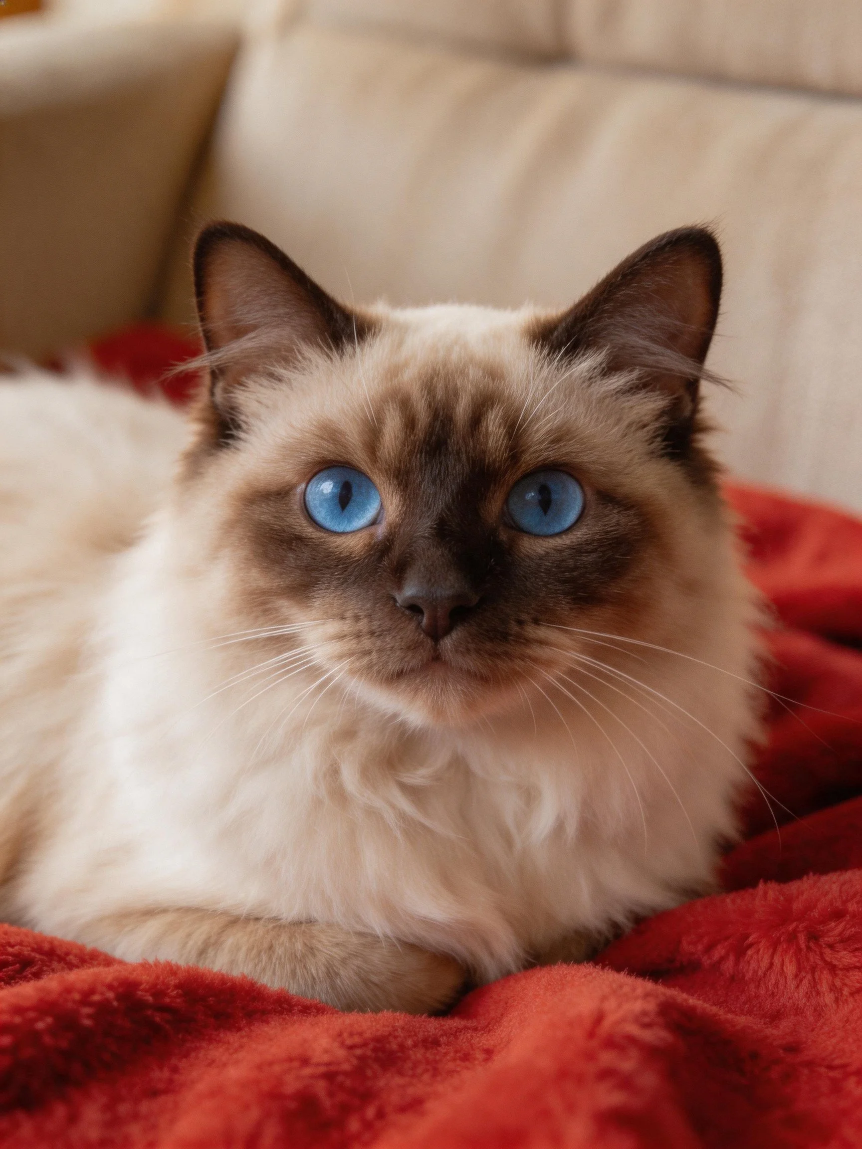 A Siamese cat with blue eyes resting on a red blanket near a beige couch
