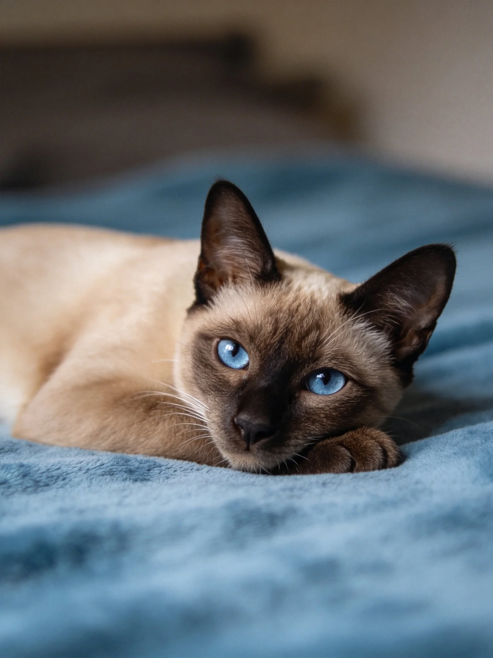 A Siamese cat with blue eyes resting on a soft blue blanket
