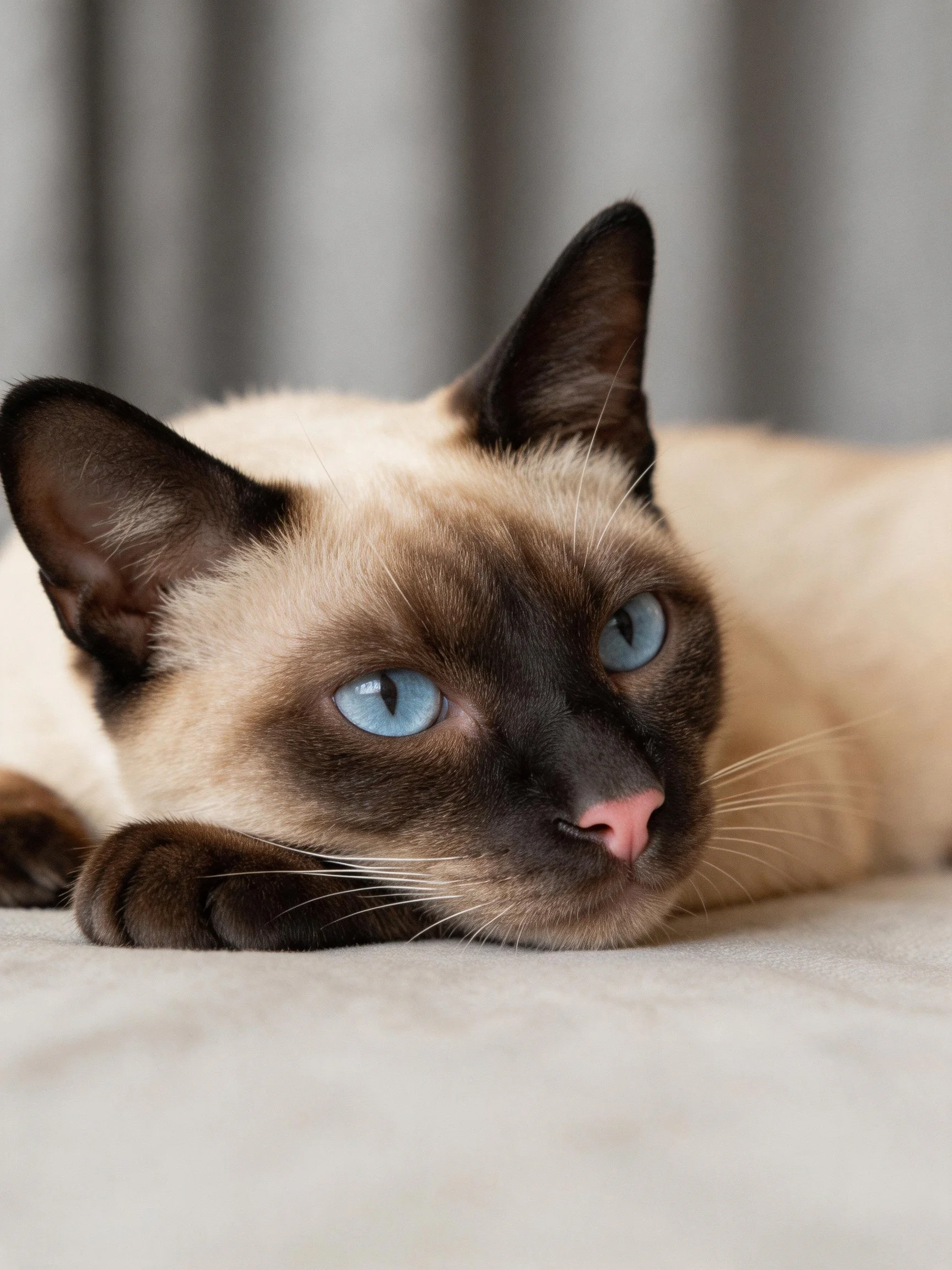 A Siamese cat with blue eyes rests peacefully on a soft surface.