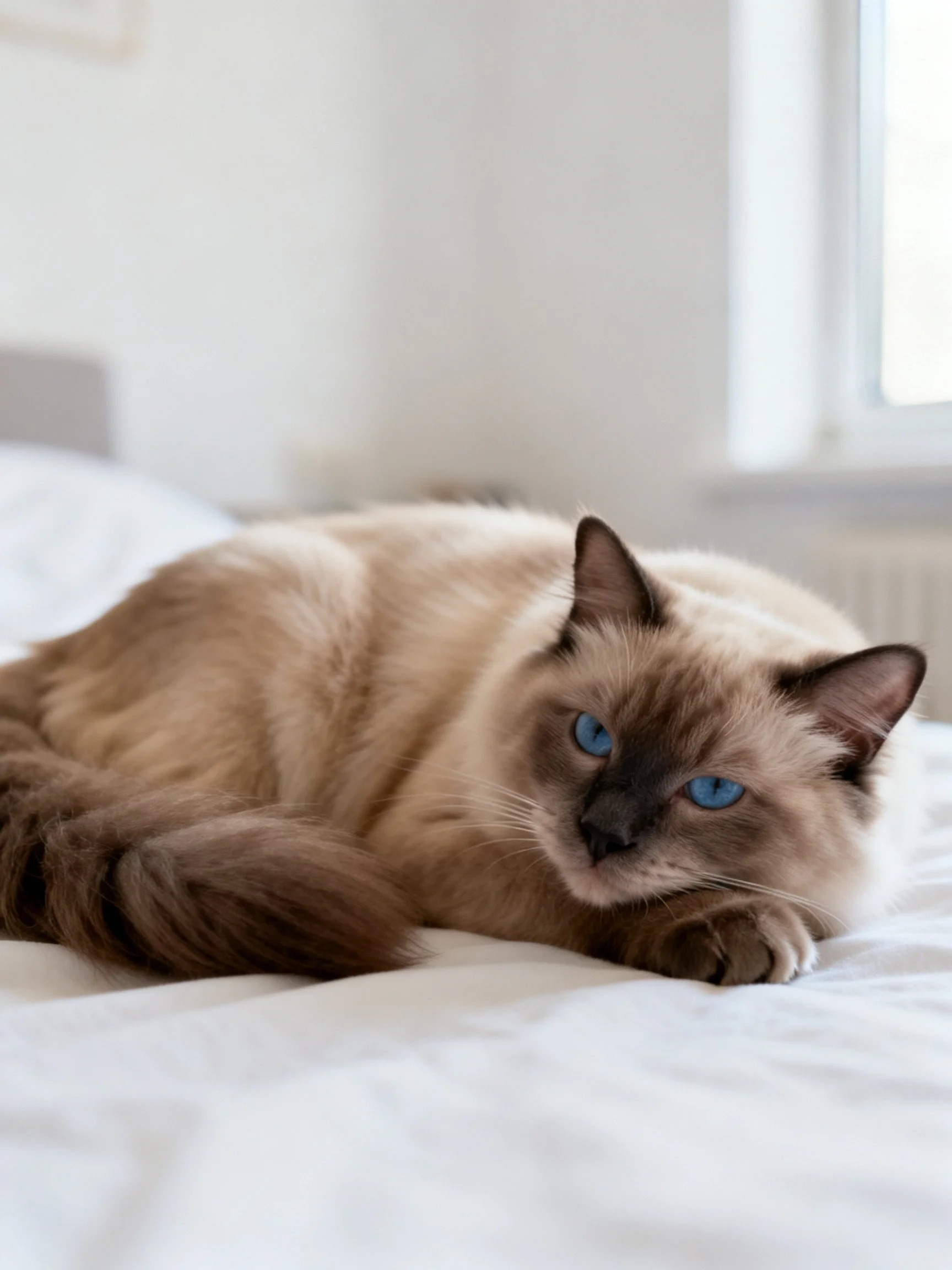 A Siamese cat with blue eyes relaxes on a white bed in a bright room