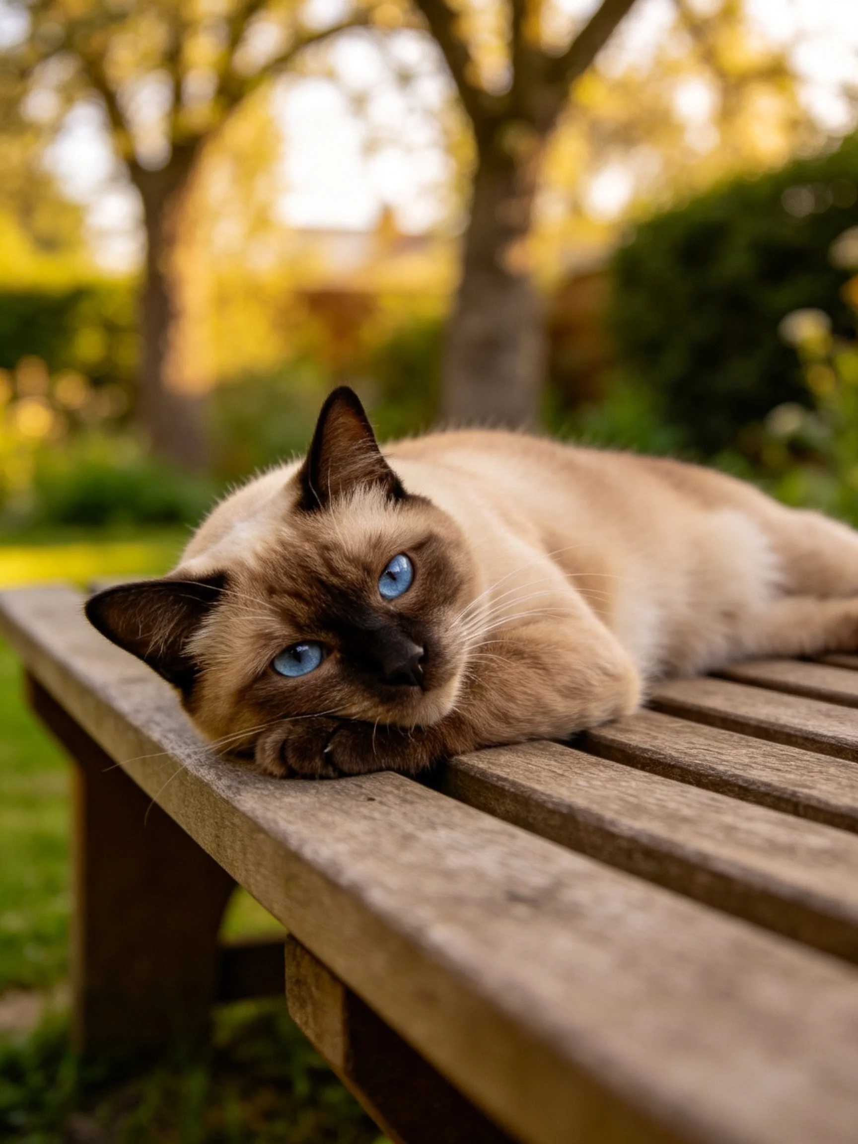 A Siamese cat with blue eyes resting on a wooden bench in a sunlit garden
