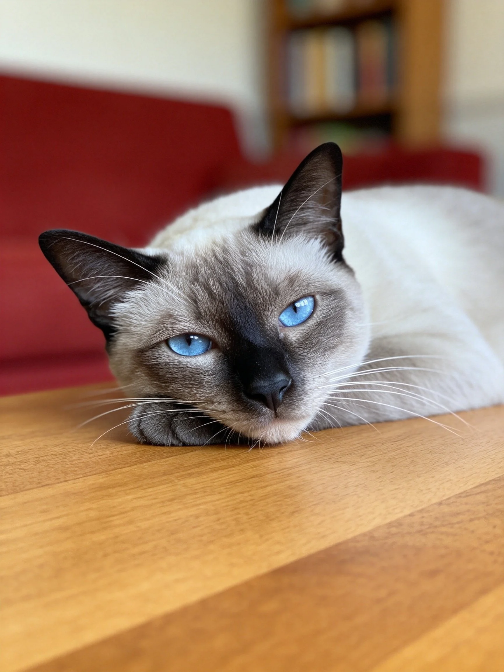 A Siamese cat with blue eyes resting on a wooden table near a red couch