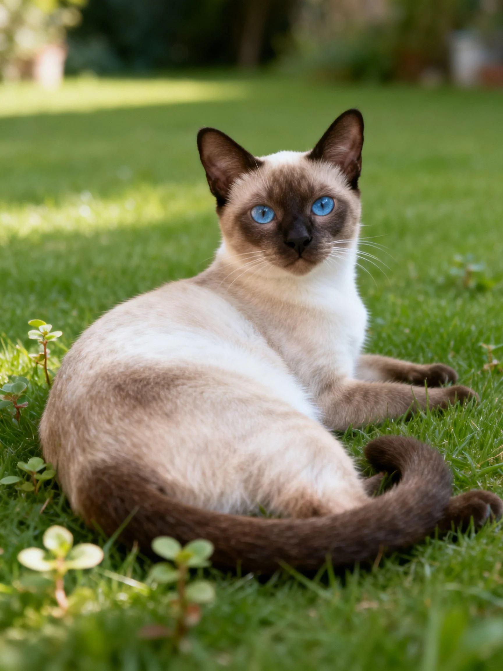 A Siamese cat with blue eyes relaxes on green grass in sunlight.