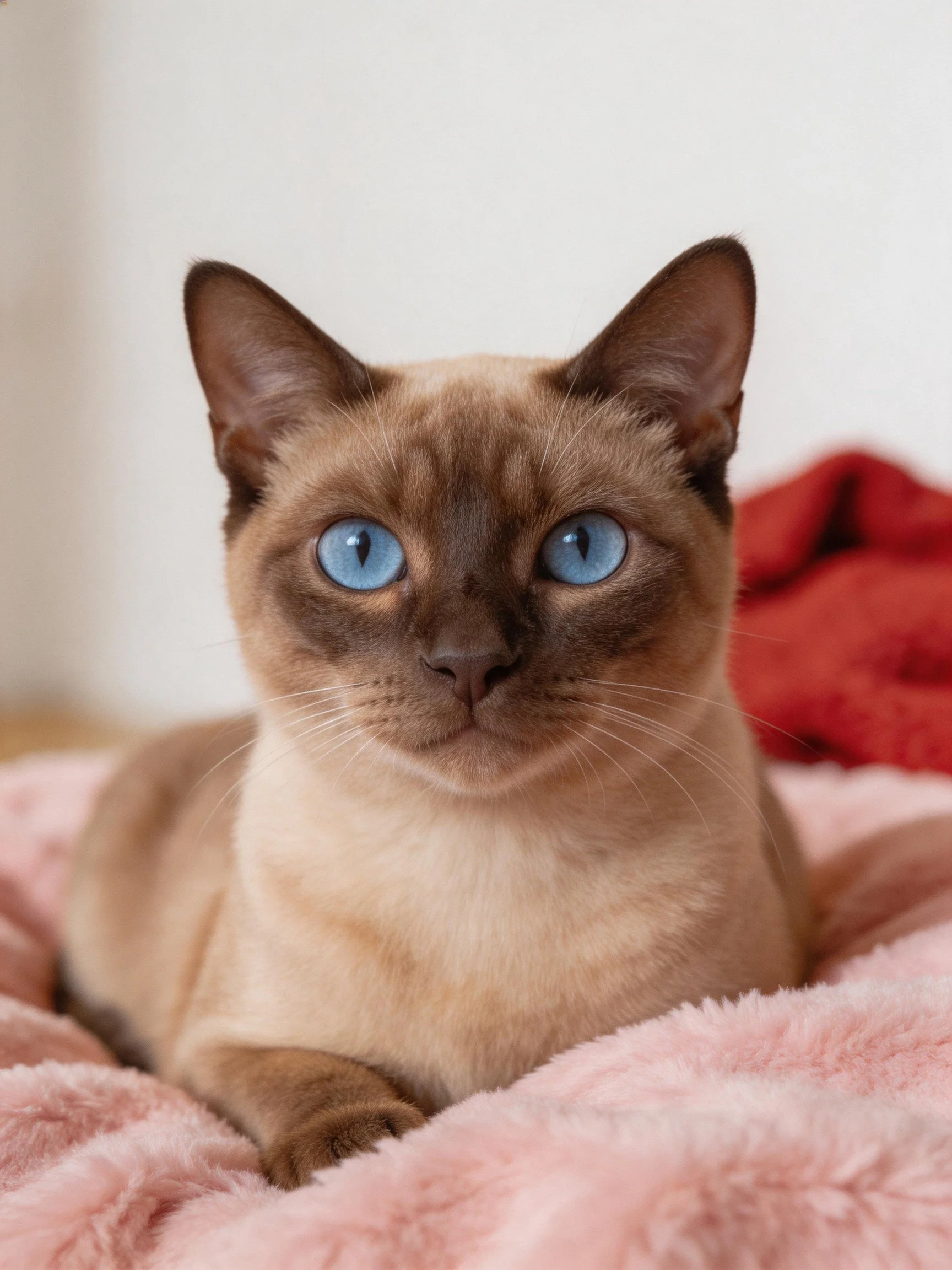 A Siamese cat with blue eyes relaxes on soft pink and red blankets.
