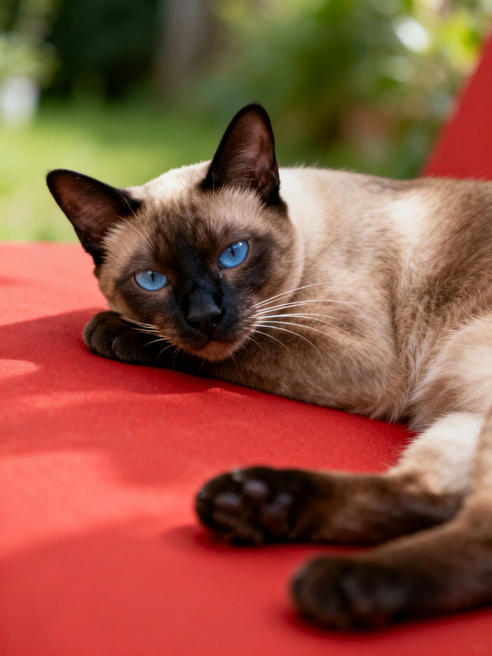 A Siamese cat with blue eyes rests on red fabric in an outdoor setting.
