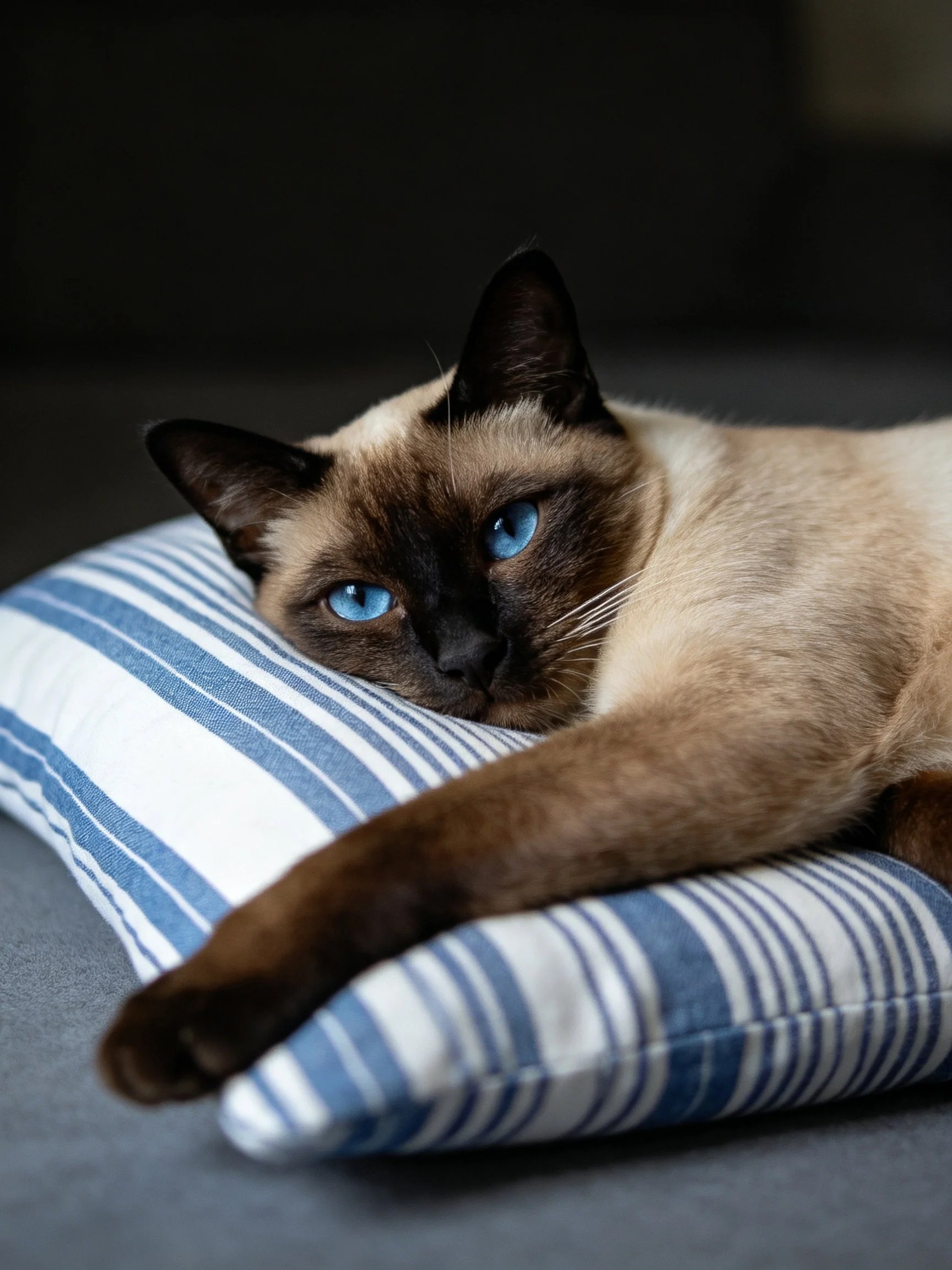 A Siamese cat with blue eyes resting on striped pillows