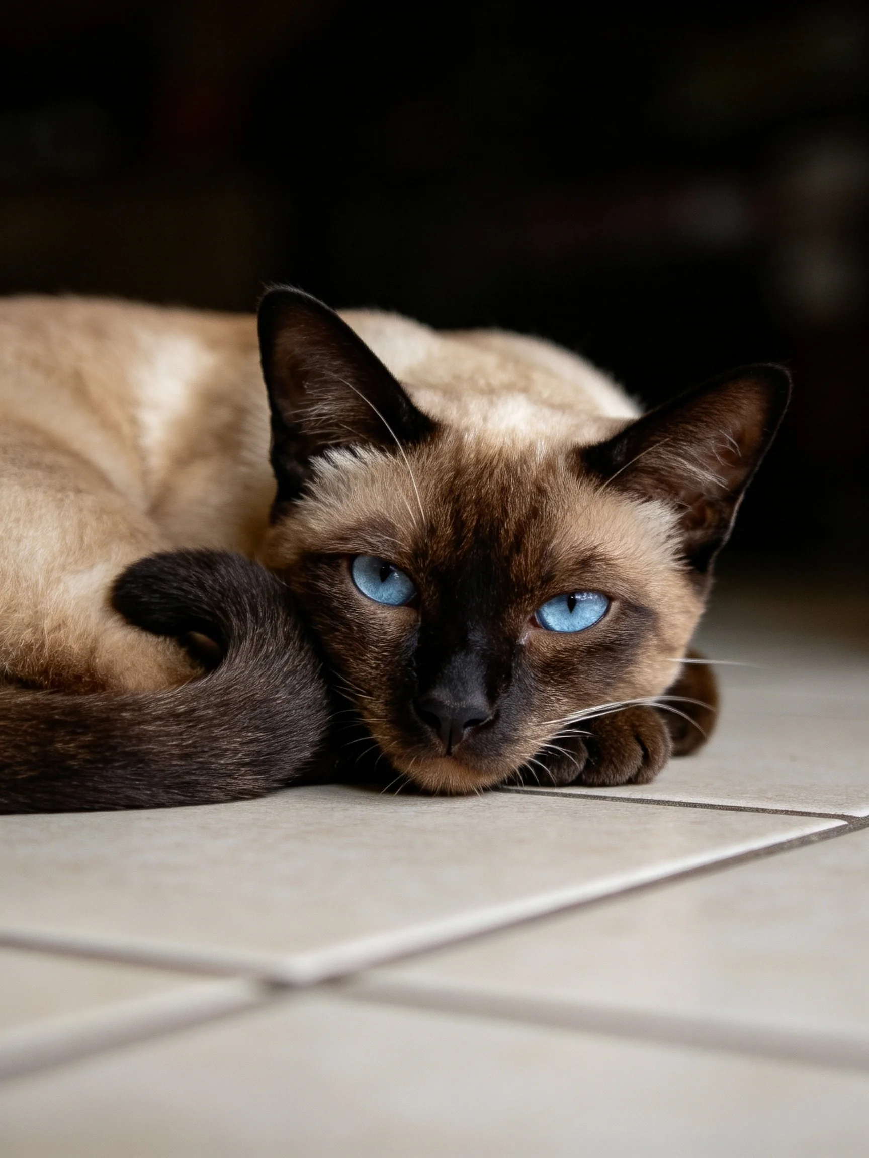 A Siamese cat with blue eyes rests on tiled flooring.